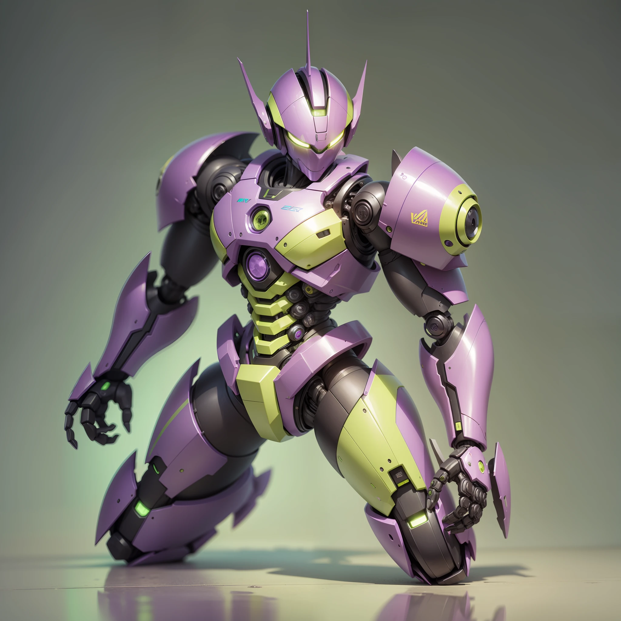 a robot purple and lemon green, all body shot, photorealistic