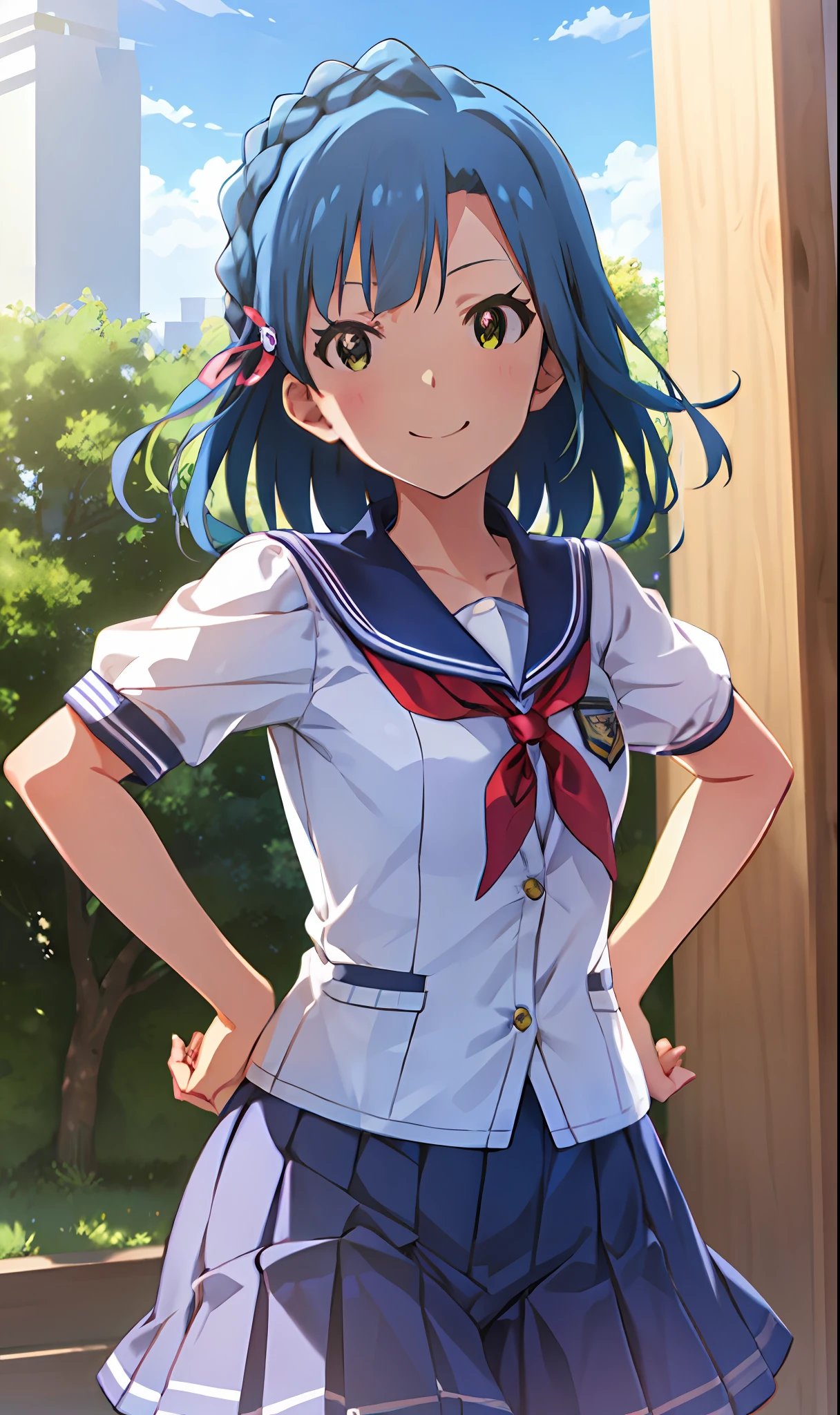 Yuriko Nanao (Million Live), (Top Quality, 8K, Masterpiece, Super Detail: 1.2), Cinematic Angle,
day, dappled sunlight, blue sky, beautiful clouds, cityscape, lens flare, glow, light particles, wide shot,
1 girl, solo, skirt, smile, watch viewer, sailor color, pleated skirt, short sleeve, school uniform, blush, seraphuk, collarbone, ribbon, upper body, adjusted hair, wind, floating hair,chest with hands on hips.