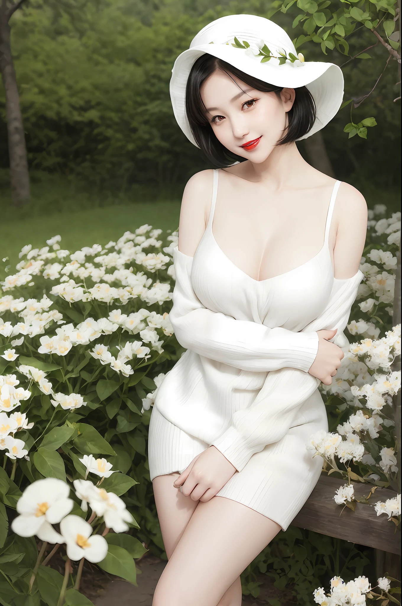 A japanese woman stands in a park where white clover blooms all around, charming A japanese woman stands in a park where white clover blooms all around, a forest can be seen in the background, exquisite and beautiful face, exquisite collarbone, seductive and delicate collarbone, charming fragrant shoulders, shoulders slightly exposed, open-shoulder long sweater,sky blue sweater, pretty face, (peach Red lips:1.4), tender and smooth skin,(white skin:1.6),(black hair:1.4),(bob hair:1.2), short hair,(smile:1.2),smile with teeth, white teeth,very realistic details, ultra-high resolution,bokeh,outstanding details, full body