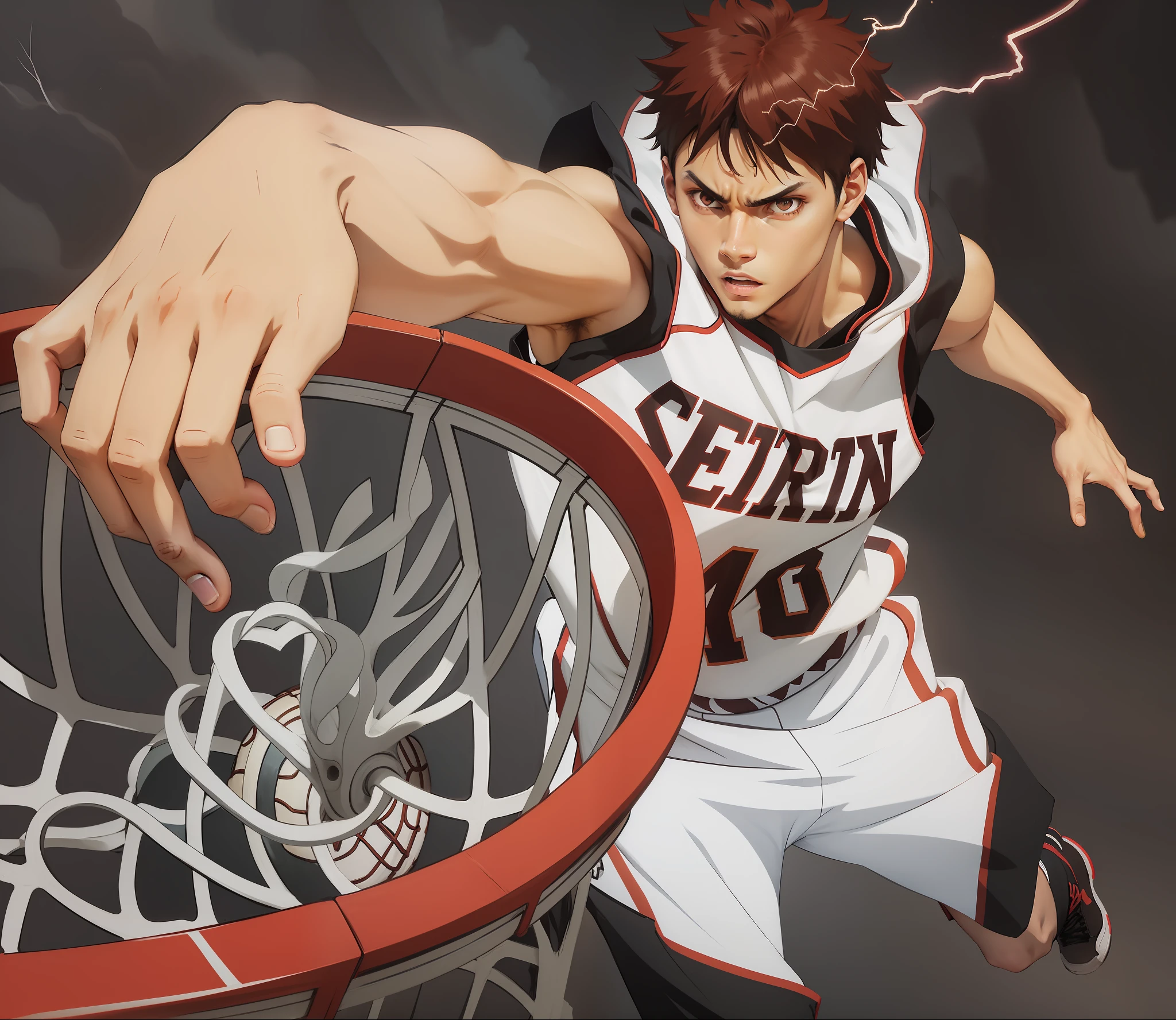 Brown basketball player, short curly black hair, with lightning in the eyes, special effects, anime, Kurokos' Basketball style.