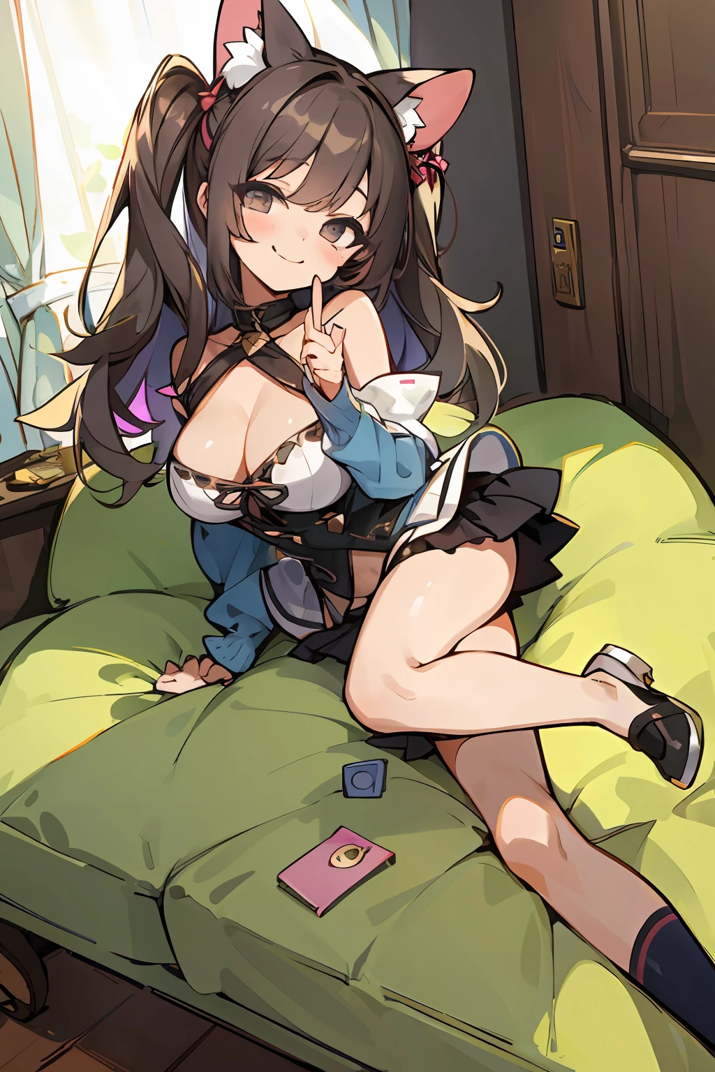 masterpiece, best quality, girl, ,mini skirt,cleavage,shoulder out,full body,,panties,buttocks,smile,,twintair