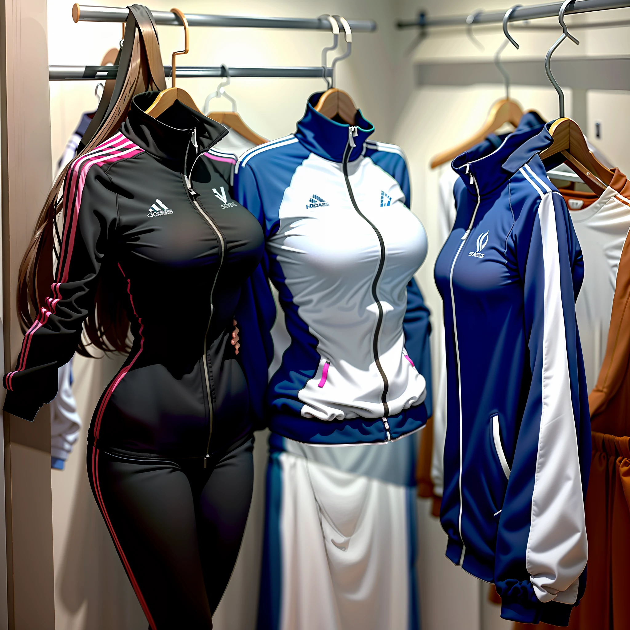 Invisible girls, world without humans, headless, sailer uniforms, (realistic: 0), headless, empty, handless, headless, invisible girls, tracksuits with cleavages, empty clothes, invisible body, invisible head, empty clothes, invisible girl, hanger tracksuits with cleavages, invisible body, invisible head, tracksuits has big breasts and cleavages, tights, hanger tracksuits in a closet swells as if worn by invisible busty girls, girl's busty tracksuits begin to pose on its own as if worn by invisible girls, hanger tracksuits has big breasts and cleavages