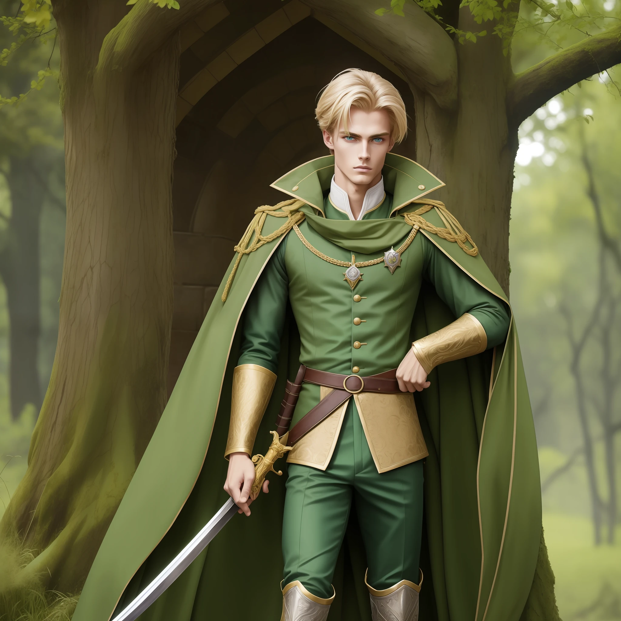 Neels Visser is a prince who has golden blond hair, wears a moss green medieval military outfit, looking straight ahead with a piercing emerald green gaze. full body with a sword at the waist