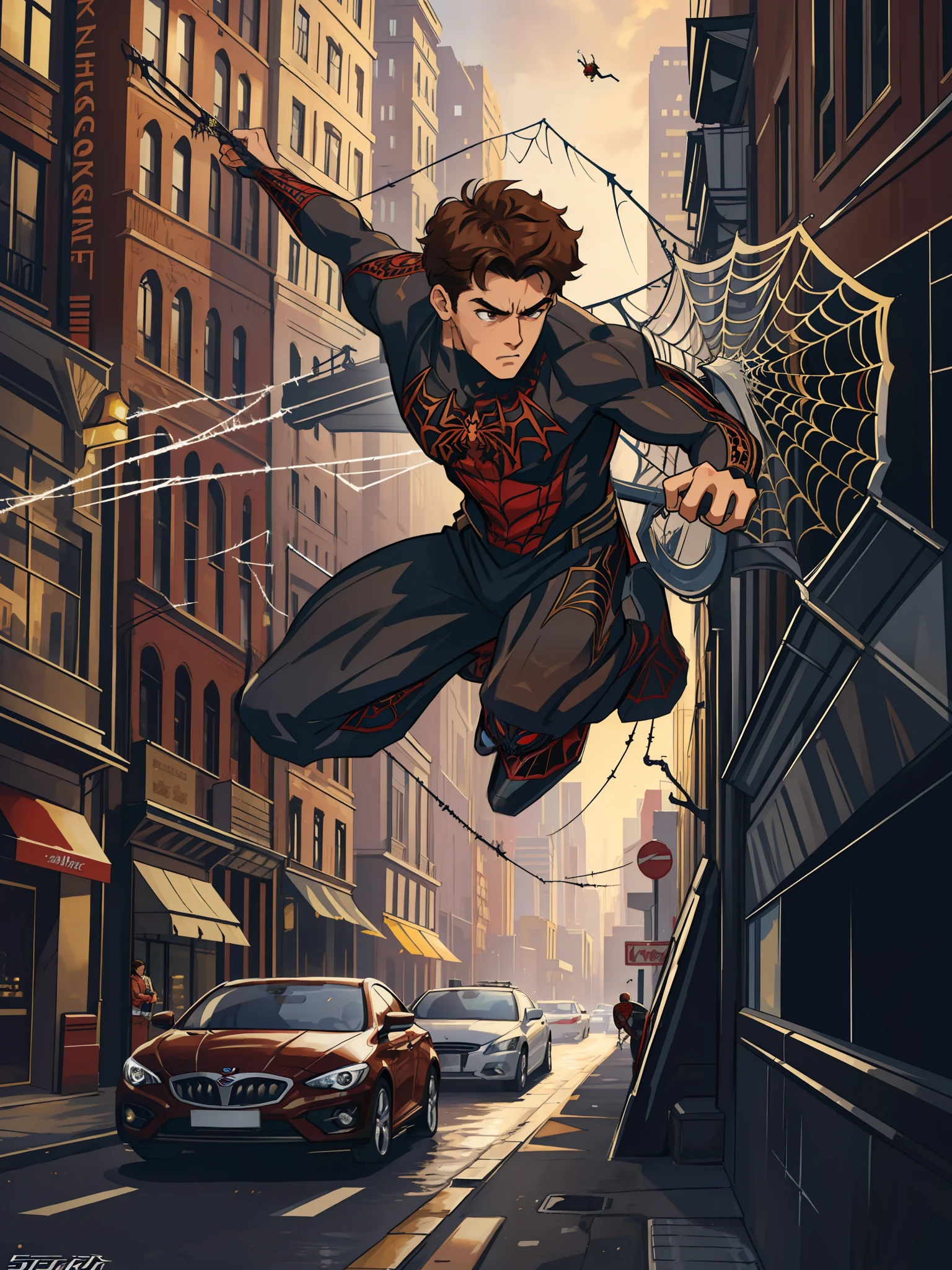 (masterpiece, best quality), intricate details, 8k, artstation, wallpaper, official art, splash art, sharp focus,
1boy, jumping high, show of force, loosening web, 
 spider suit, spider web printing, spider web,  
skyscrapers, city, buildings, cars, street, brown hair, thick eyeshadow, medium brown hair