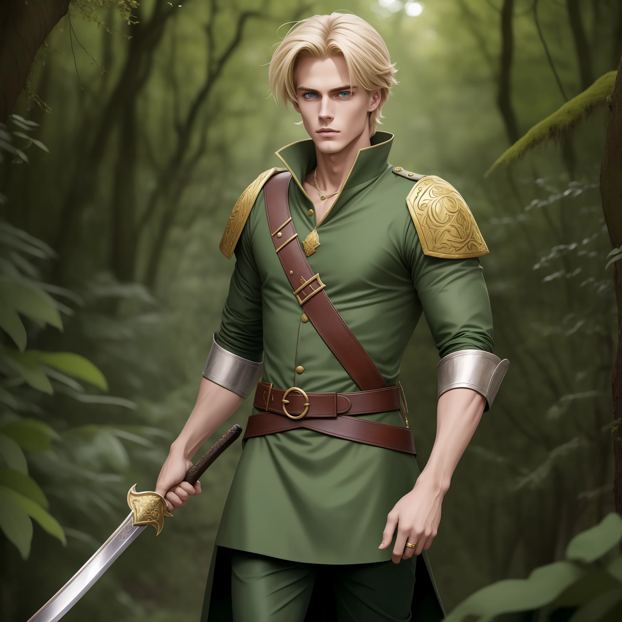 Neels Visser is a prince who has golden blond hair, wears a moss green medieval military outfit, looking straight ahead with a piercing emerald green gaze. full body with a sword at the waist