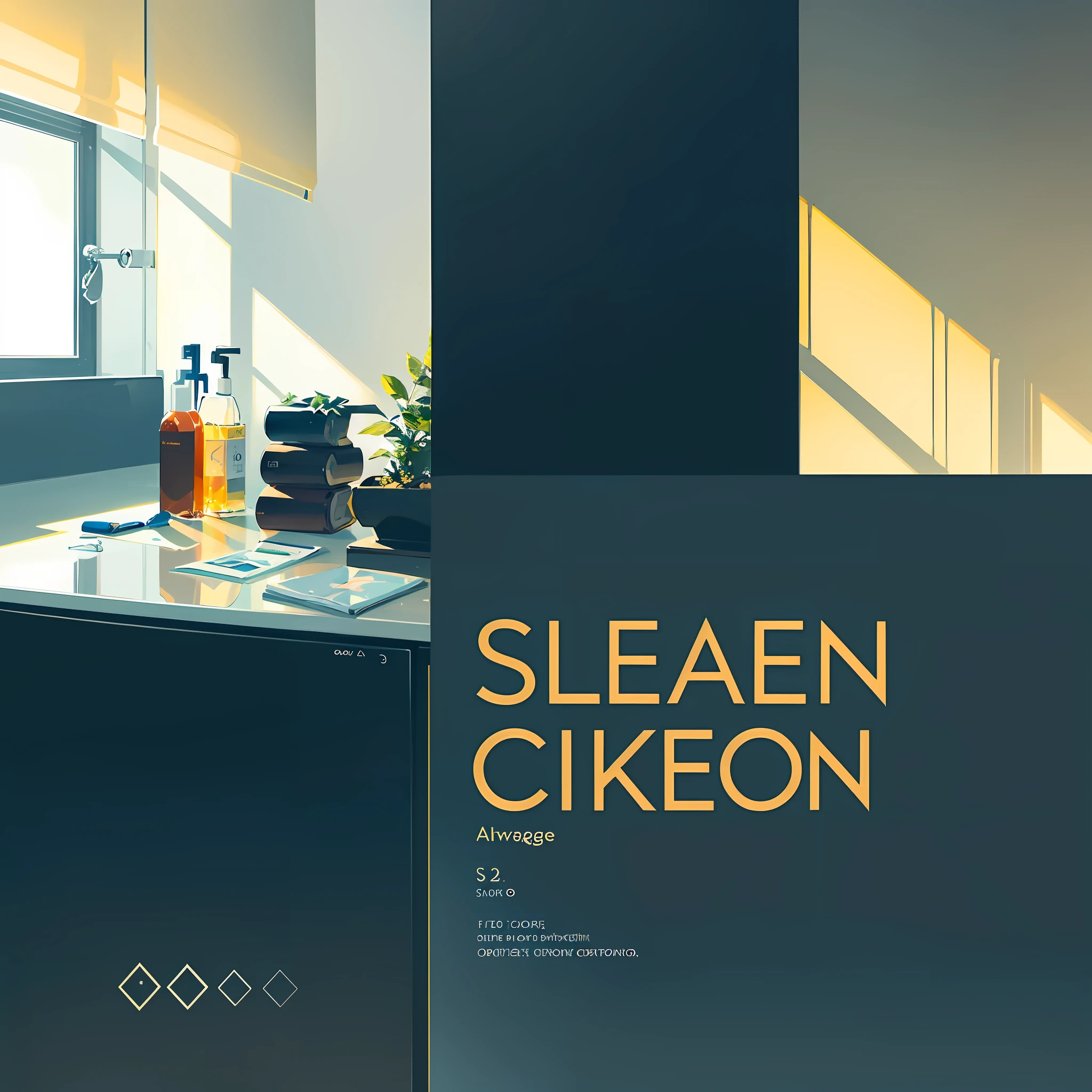 An elegant design with a dark background and a photo of a clean and organized environment, and a highlighted text with the benefit or advantage of the cleaning product. Palette: Blue and yellow --auto --s2