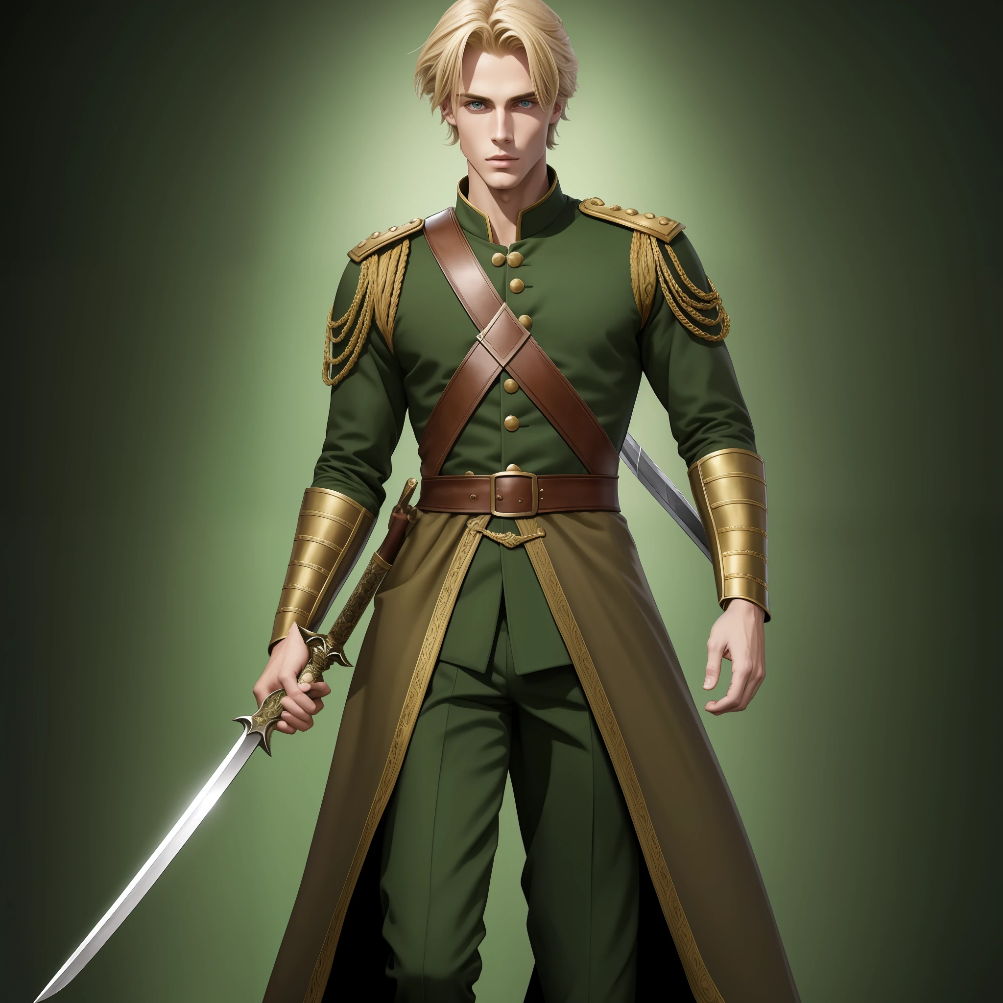 Neels Visser is a prince who has golden blond hair, wears a moss green medieval military outfit, looking straight ahead with a piercing emerald green gaze. full body with a sword at the waist