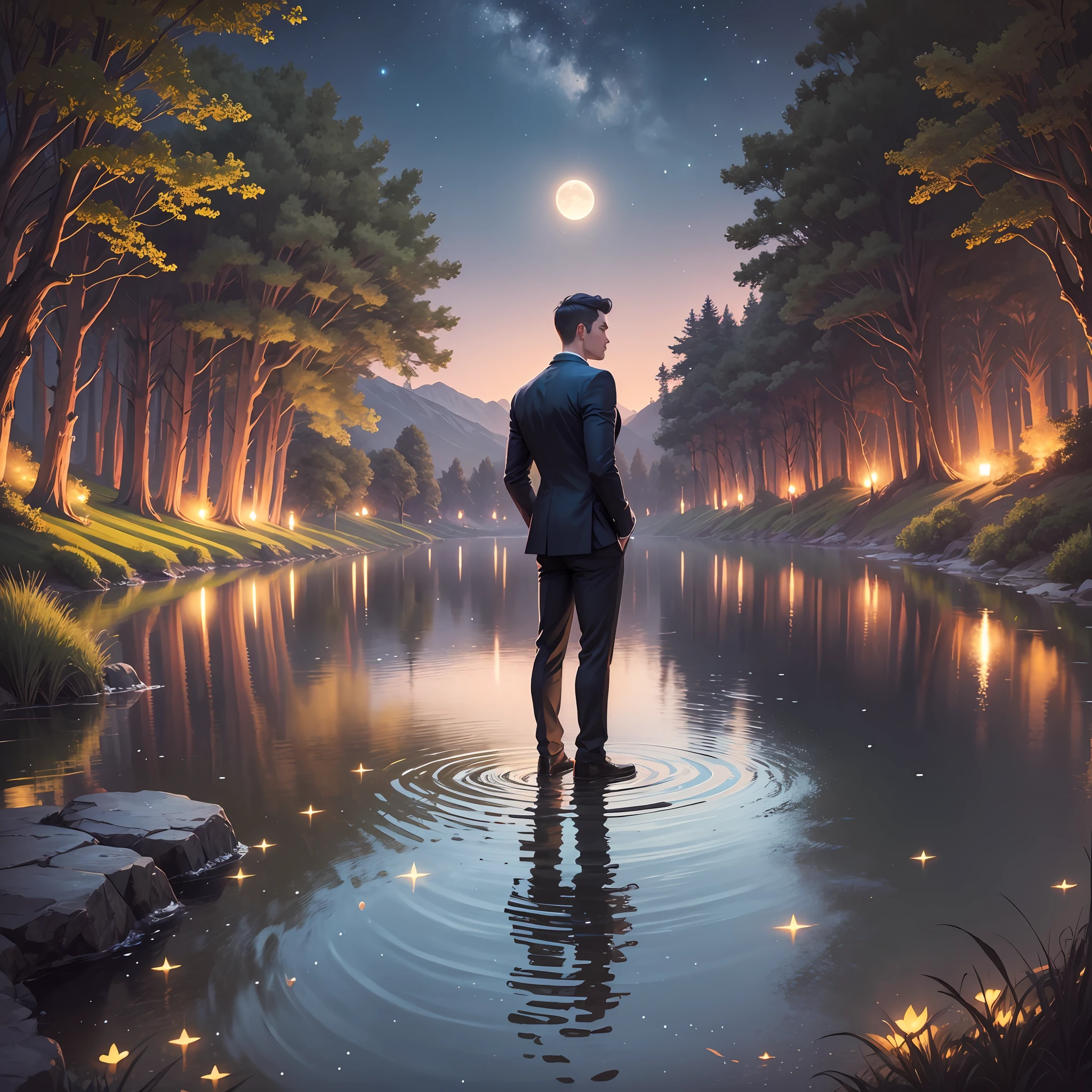 A handsome man standing by a lake at night. There is a large full moon illuminating the lake. The air is filled with fireflies. Realim style --auto --s2