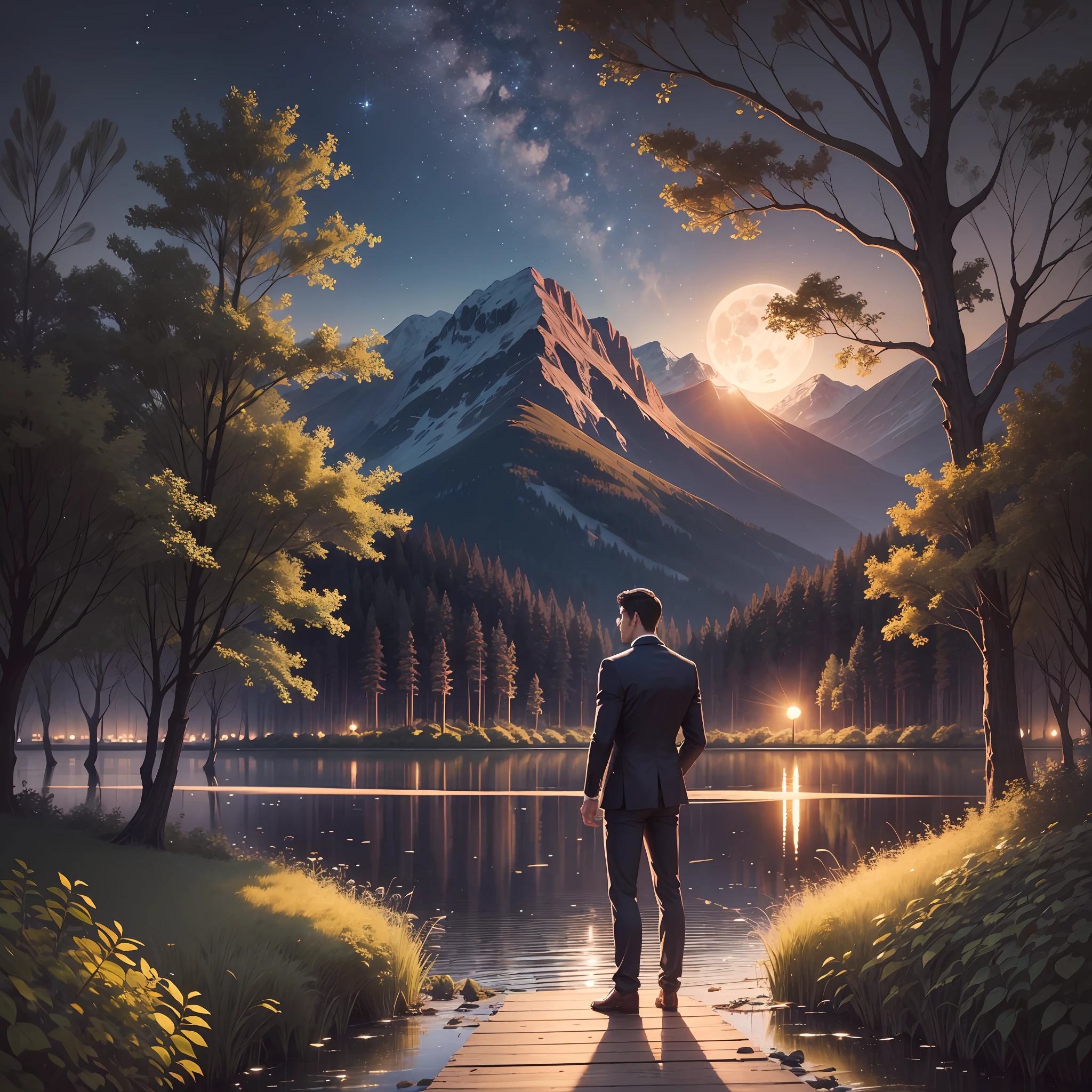 A handsome man standing by a lake at night. There is a large full moon illuminating the lake. The air is filled with fireflies. Realim style --auto --s2