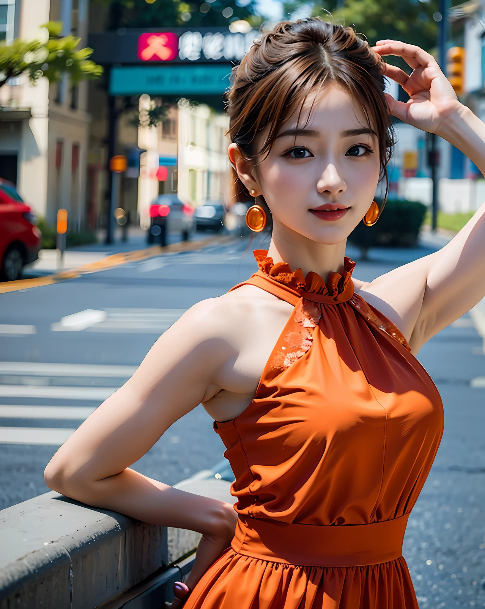 a woman posing on the street corner with light orange dress on, best quality, high res, 8k, 1girl, (huge breasts), day, bright, outdoor, (street:0.8), (people, crowds:1), (lace-trimmed dress:1.5, light orange clothes:1.5, orange high-neck dress:1.5, sleeveless dress, orange dress: 1.5), gorgeous, (medium hair), beautiful detailed sky, beautiful earrings, (dynamic pose:0.8), (upper body:1.2), soft lighting, wind, shiny skin, looking at viewer,