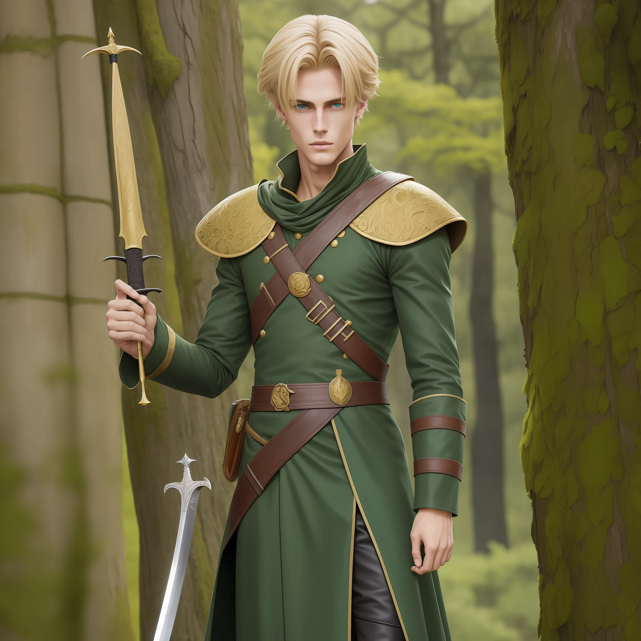 Neels Visser is a prince who has golden blond hair, wears a moss green medieval military outfit, looking straight ahead with a piercing emerald green gaze. full body with a sword at the waist