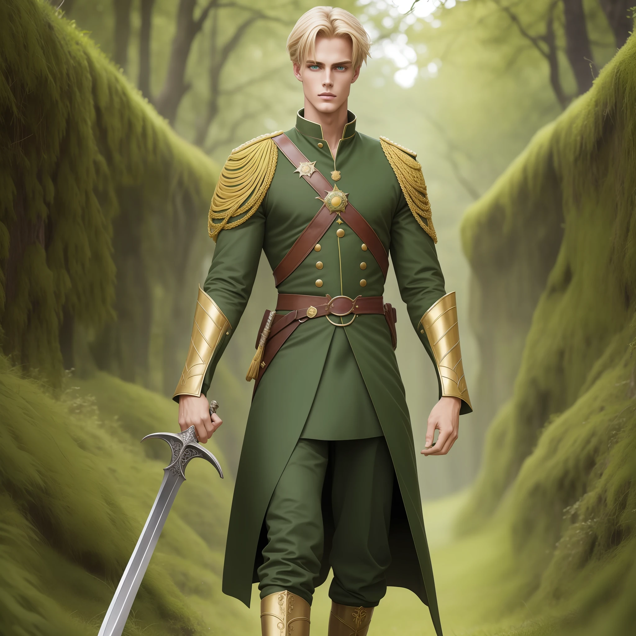 Neels Visser is a prince who has golden blond hair, wears a moss green medieval military outfit, looking straight ahead with a piercing emerald green gaze. full body with a sword at the waist