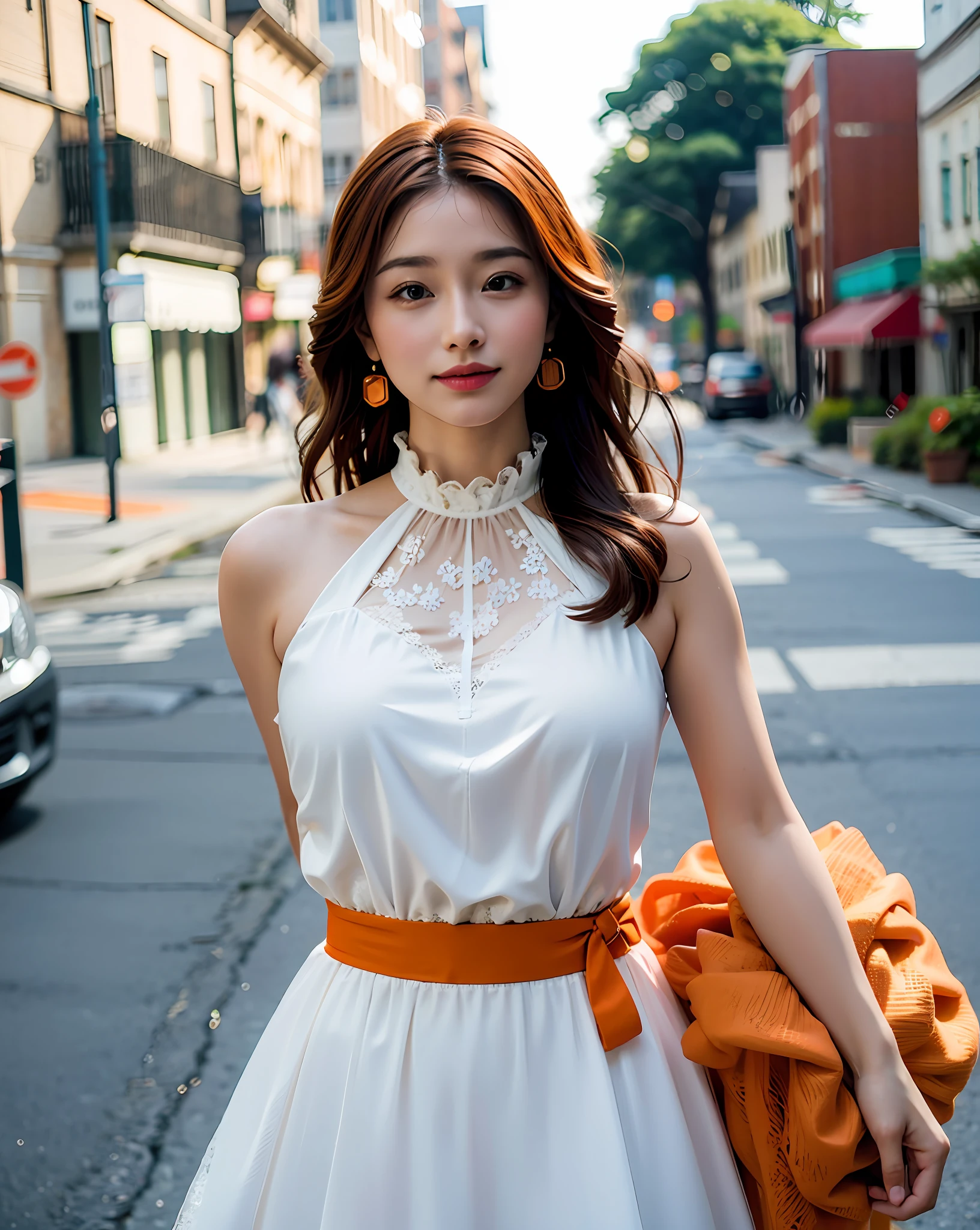 a woman posing on the street corner with light orange dress on, best quality, high res, 8k, 1girl, (huge breasts), day, bright, outdoor, (street:0.8), (people, crowds:1), (lace-trimmed dress:1.5, light orange clothes:1.5, orange high-neck dress:1.5, sleeveless dress, orange dress: 1.5), gorgeous, (medium hair), beautiful detailed sky, beautiful earrings, (dynamic pose:0.8), (upper body:1.2), soft lighting, wind, shiny skin, looking at viewer,