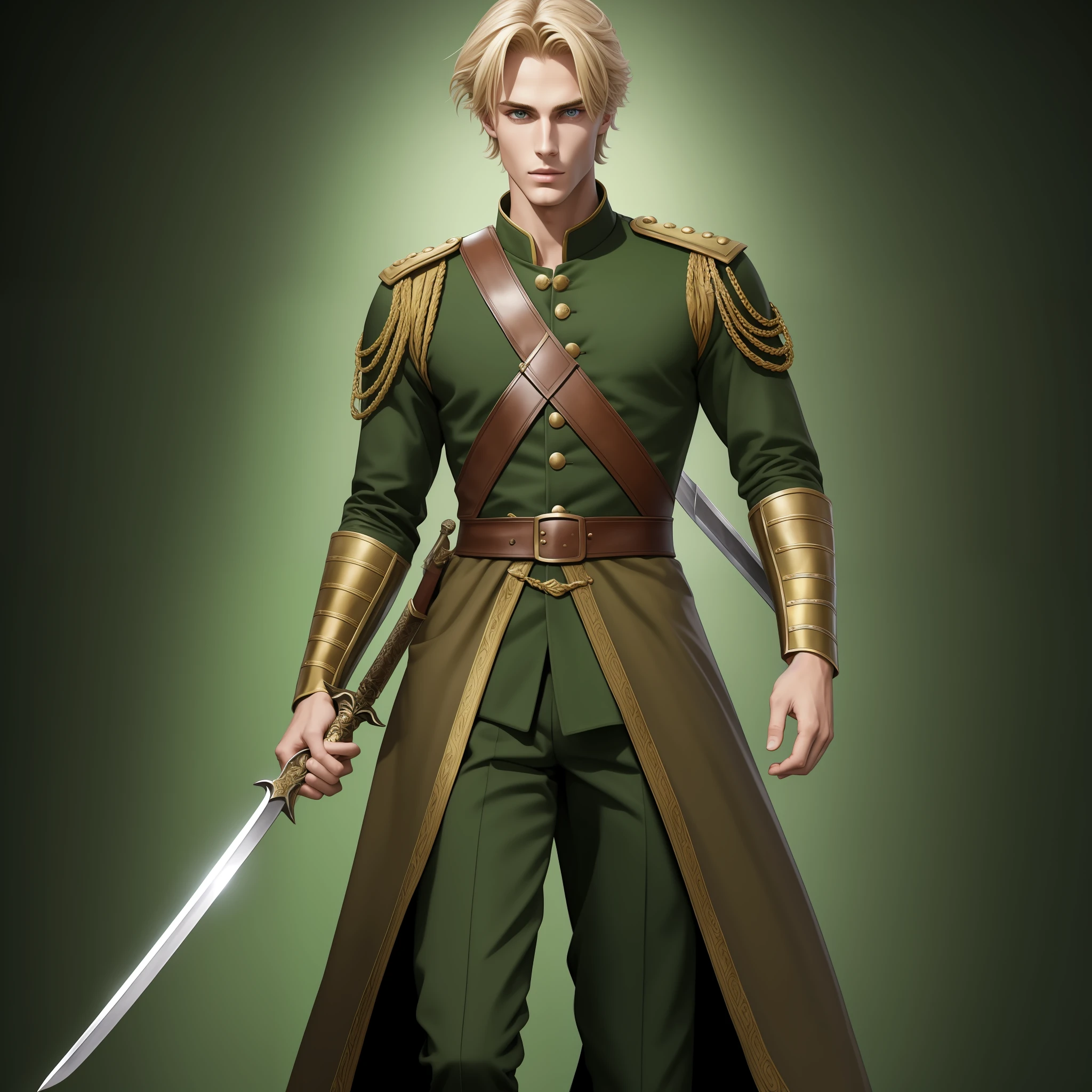 Neels Visser is a prince who has golden blond hair, wears a moss green medieval military outfit, looking straight ahead with a piercing emerald green gaze. full body with a sword at the waist