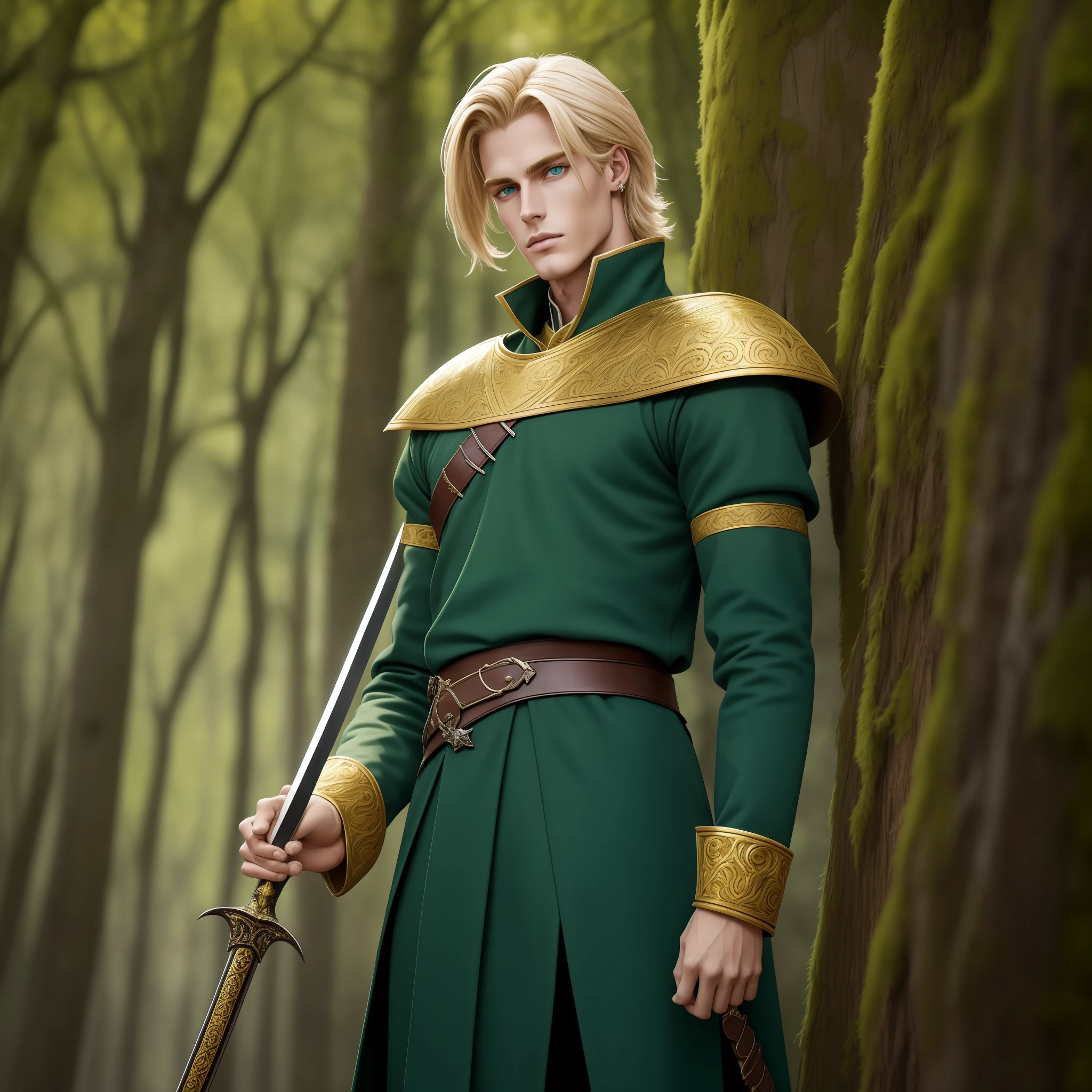 Neels Visser is a prince who has golden blond hair, wears a moss green medieval military outfit, looking straight ahead with a piercing emerald green gaze. full body with a sword at the waist