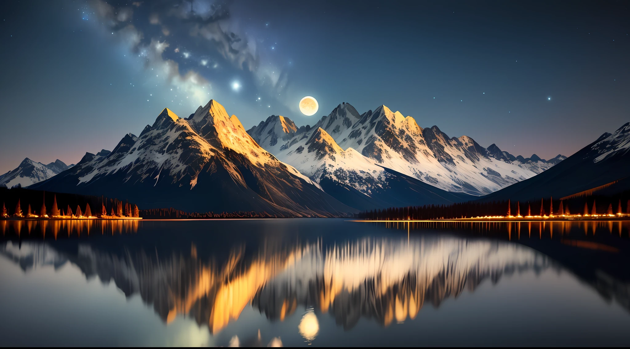 Very starry night. A giant moon behind the mountains. A tranquil lake reflecting the night. Realistic scene, detailed, photorealism, 8k