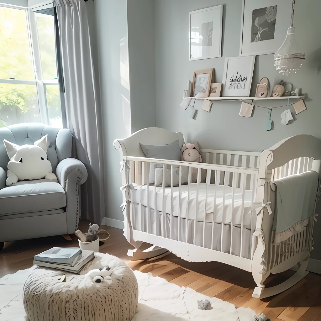 a  nursery with grey walls, a white crib, and a grey rug. The walls are painted a soft grey, and the crib is made of white wood. The rug is a soft grey, and there is a grey mobile of animals hanging above the crib. There is also a grey rocking chair next to the crib, and a grey bookshelf next to the rocking chair. --auto --s2