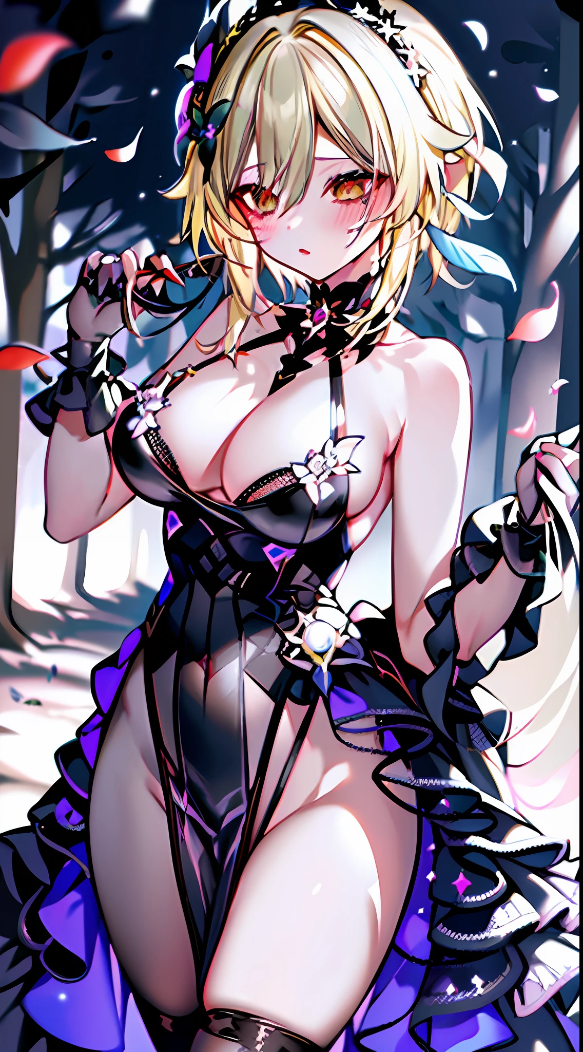 masterpiece, best quality, highy resolution, 1girl, solo, lumine (genshin impact), blonde hair, short hair, black flower ornament hair, huge lips, black lipstick, black dress, cherry forest, cherry petals flying, night, moolight, blushes, big breasts, captivating, attractive, gorgeous, smooth, glowing skin, full body, queen abyss