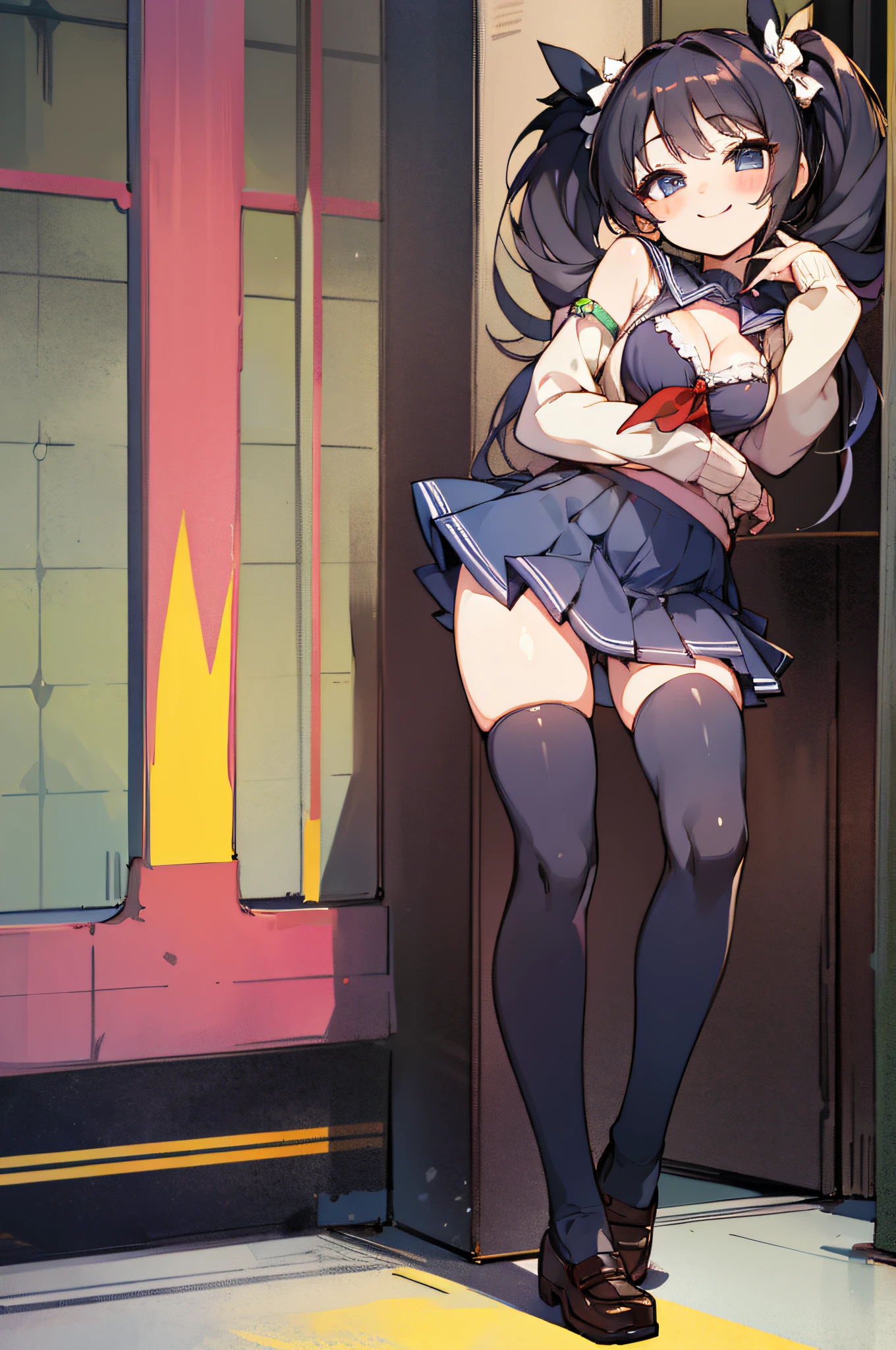 masterpiece, best quality, girl, ,mini skirt,cleavage,shoulder out,full body,,panties,buttocks,smile,,twintail,school uniform