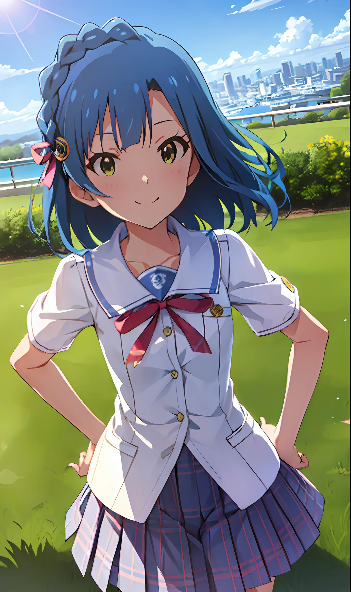 Yuriko Nanao (Million Live), (Top Quality, 8K, Masterpiece, Super Detail: 1.2), Cinematic Angle, Sun, Dappled Daylight, Blue Sky, Beautiful Clouds, Cityscape, Lens Flare, Glow, Light Particles, Wide Shot, 1 Girl, Solo, Skirt, Smile, Watch Audience, Sailor Color, Pleated Skirt, Short Sleeve, School Uniform, Blush, Serafuk, Clavicle, Ribbon, Upper Body, Adjusted Hair, Wind, Floating hair, hands on hips and chest stretched.
