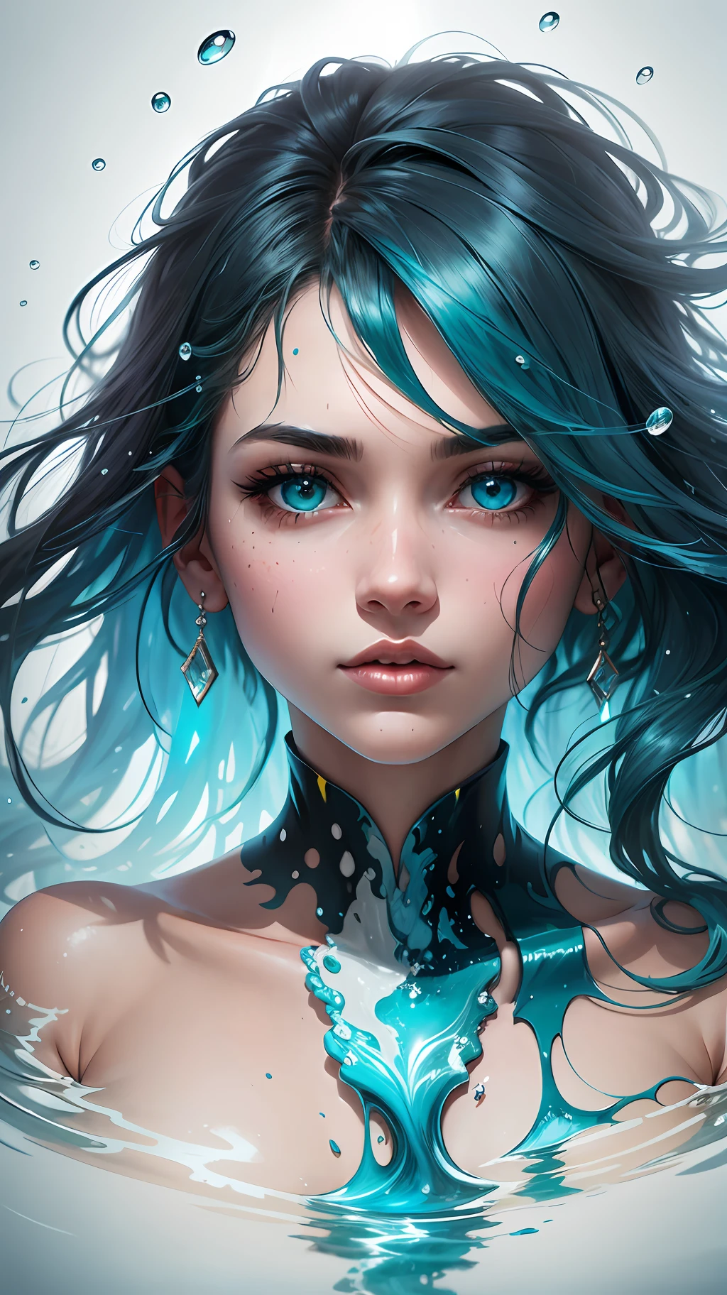 a half body portrait of a woman as made of water, half body submerged in water, at a lake, turquoise hair depicting as waterfall, wet, drops of water on the face and body, natural body posture, rain, Art by Alberto Seveso, symmetrical, abstract artstyle, intricate complex watercolor painting, sharp eyes, digital painting, color explosion, concept art, voluminetric lighting,TanvirTamim, metallic reflections, 2d render, 8k. by artgerm, trending on artstation --auto --s2