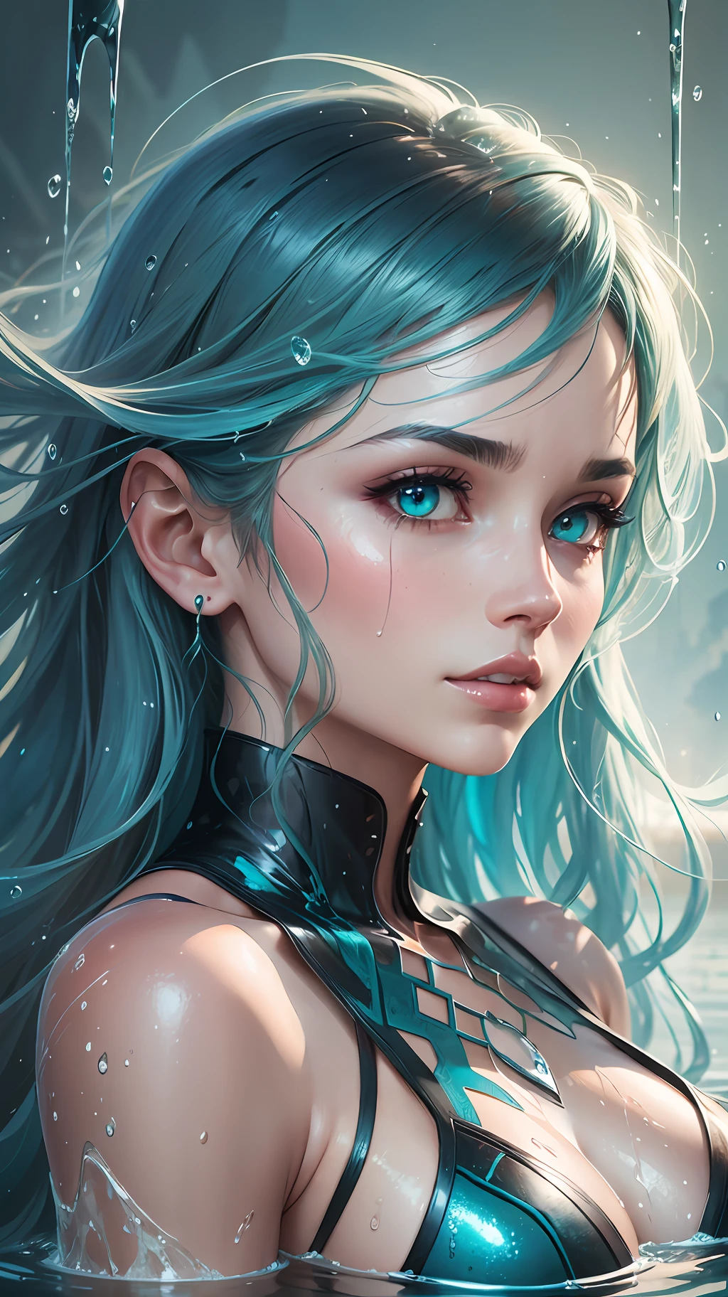 a half body portrait of a woman as made of water, half body submerged in water, at a lake, turquoise hair depicting as waterfall, wet, drops of water on the face and body, natural body posture, rain, Art by Alberto Seveso, symmetrical, abstract artstyle, intricate complex watercolor painting, sharp eyes, digital painting, color explosion, concept art, voluminetric lighting,TanvirTamim, metallic reflections, 2d render, 8k. by artgerm, trending on artstation --auto --s2