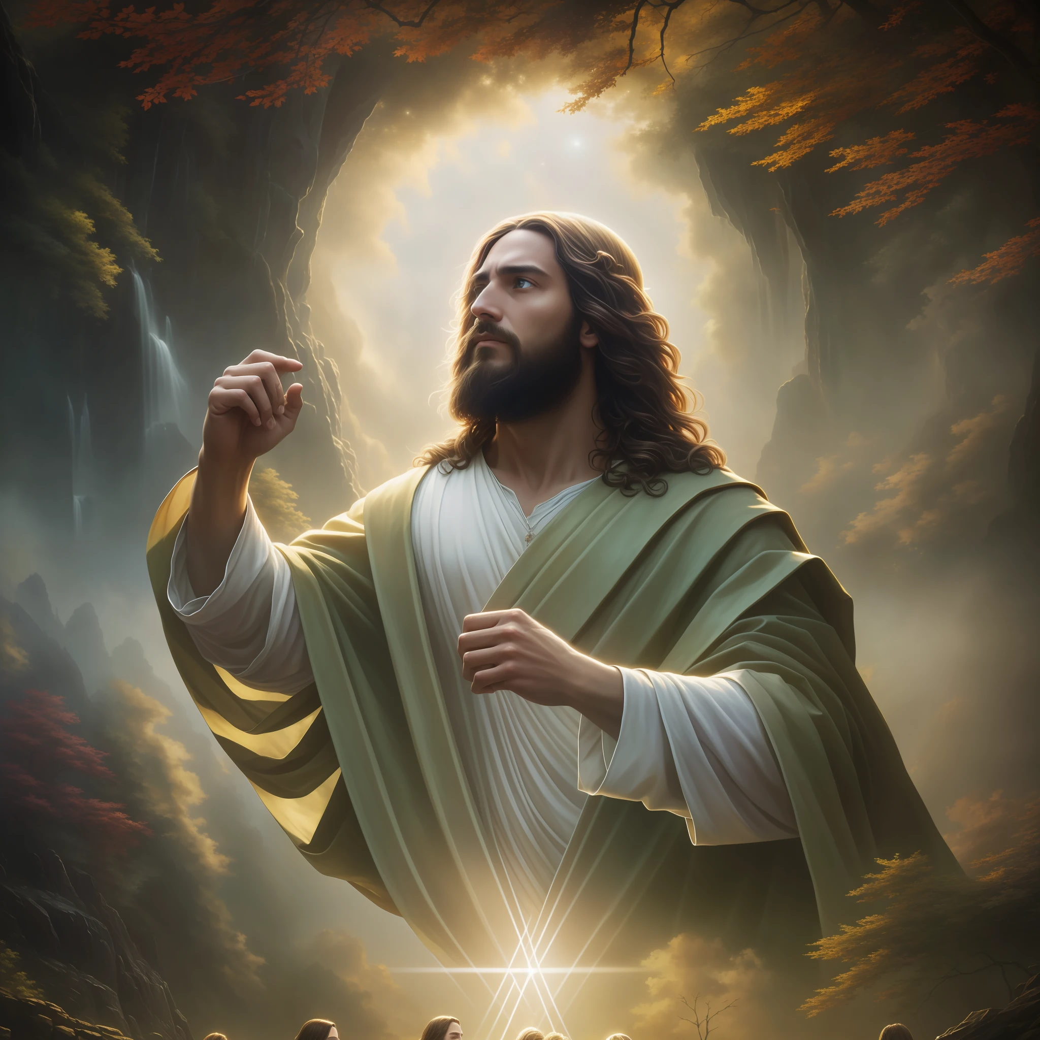 Jesus Christ creating universe, masterpiece, best quality, high quality, 8k wallpaper, award-winning photography, HDR, bloom, chromatic aberration, photorealistic, extremely detailed, intricate, high detail, dramatic, art in the middle of the journey, volumetric lighting, art by artgerm and ruan jia and greg rutkowski surreal painting (masterpiece, side lighting, beautiful finely detailed eyes: 1.2 ), hdr, 8k, god ray