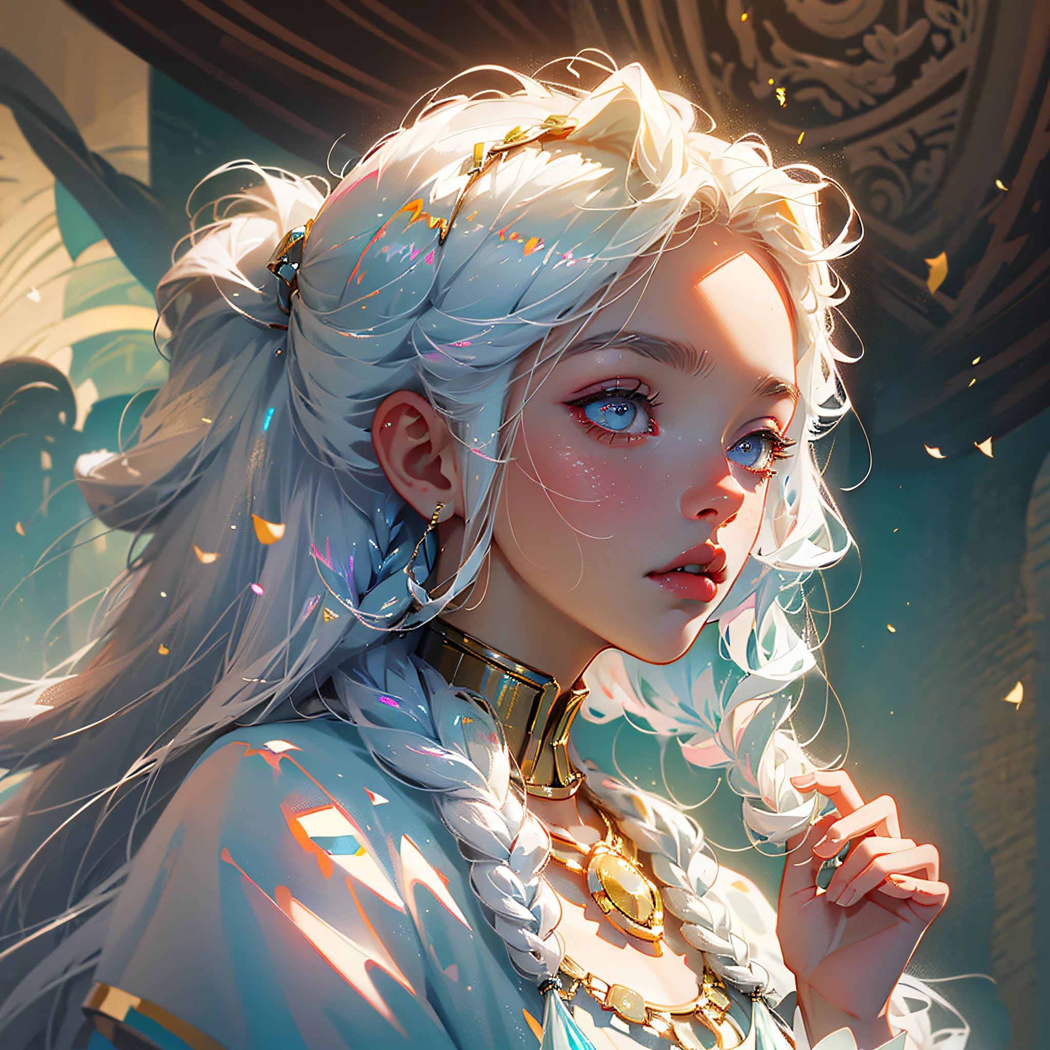 best quality, masterpiece,white hair, gold eyes,white clothes, looking up, upper body,hair strand,Fair skin,side braids --auto --s2