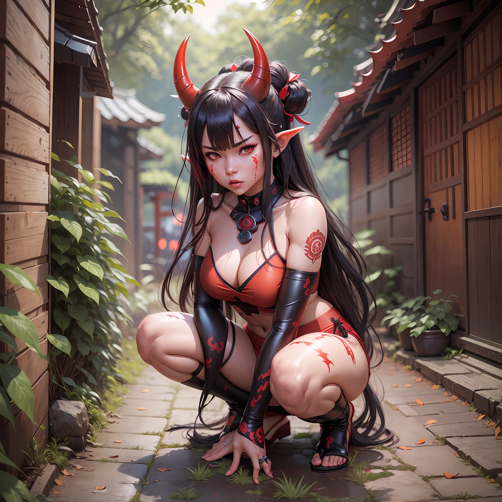 female oni, on knees, long hair, red skin, japanese oni horns, by Ilya Kuvshinov --auto --s2