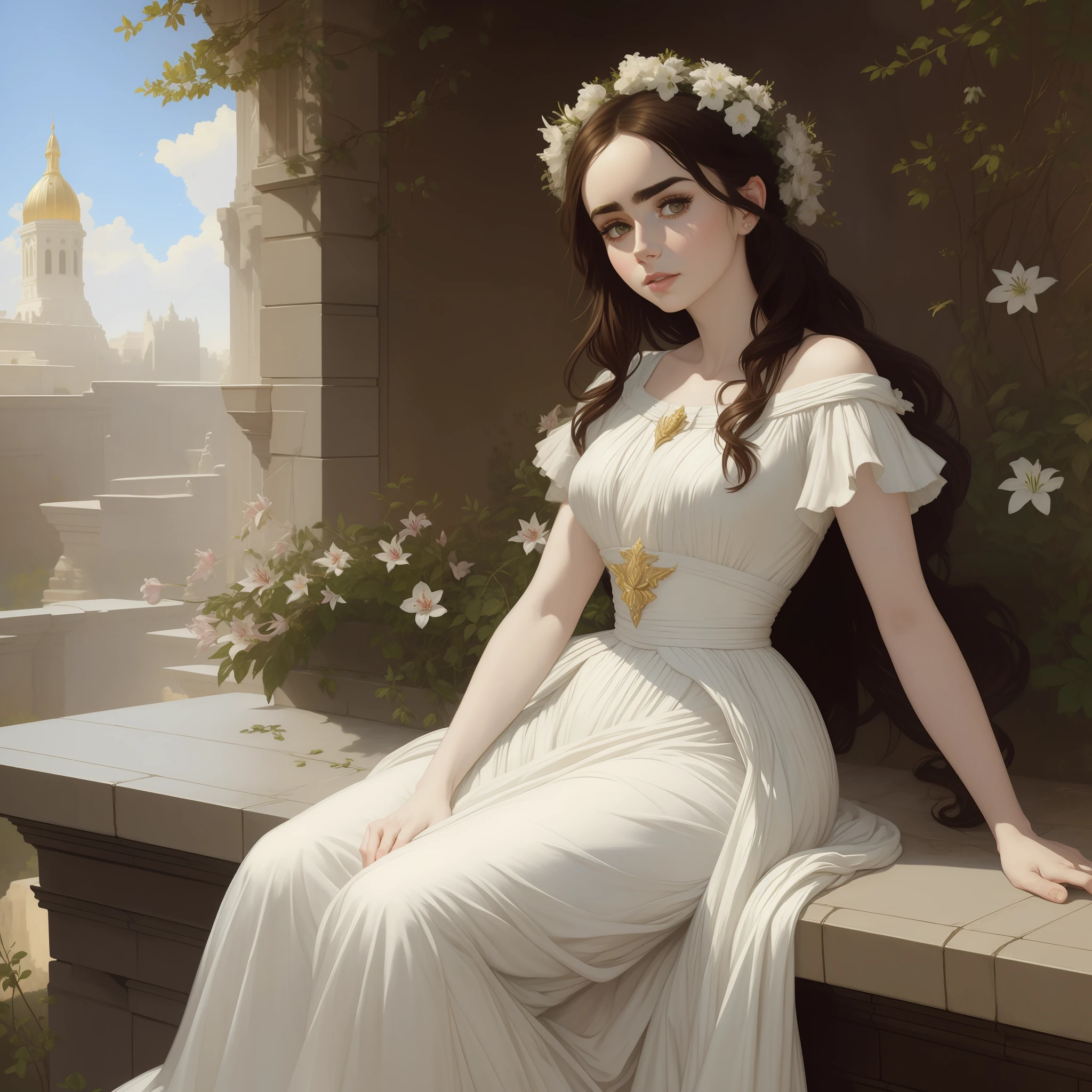 Arafed portrait of Lily Collins in a white dress sitting on a ledge, Kramskoi 4 K, Albert Lynch, Artgerm and William Bouguereau, beautiful painting, Murata range Jeremy Lipking, Charles Sillem Lidderdale, portrait Romanticism, Kramskoi, Jeremy Lipking, Herbert James Draper