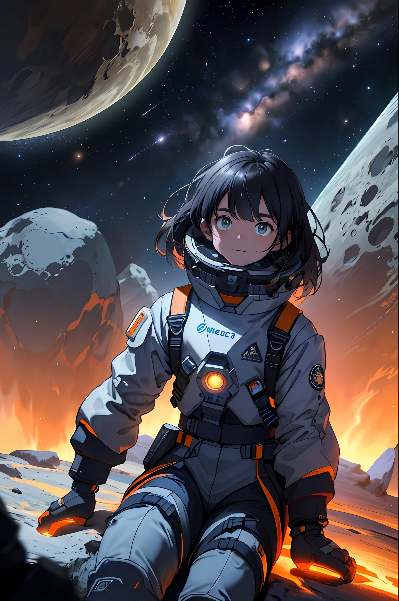 Drawing a young girl sitting on a research platform floating in the middle of the asteroid belt. He was studying with a notebook, surrounded by several asteroids that emitted fiery halos. Dramatic lights from distant stars and planets illuminated the scene, casting deep shadows over the spacesuit. The girl looks confident and determined, looking at the vast and mysterious universe with amazement and respect, full of beard, cowboy shots,