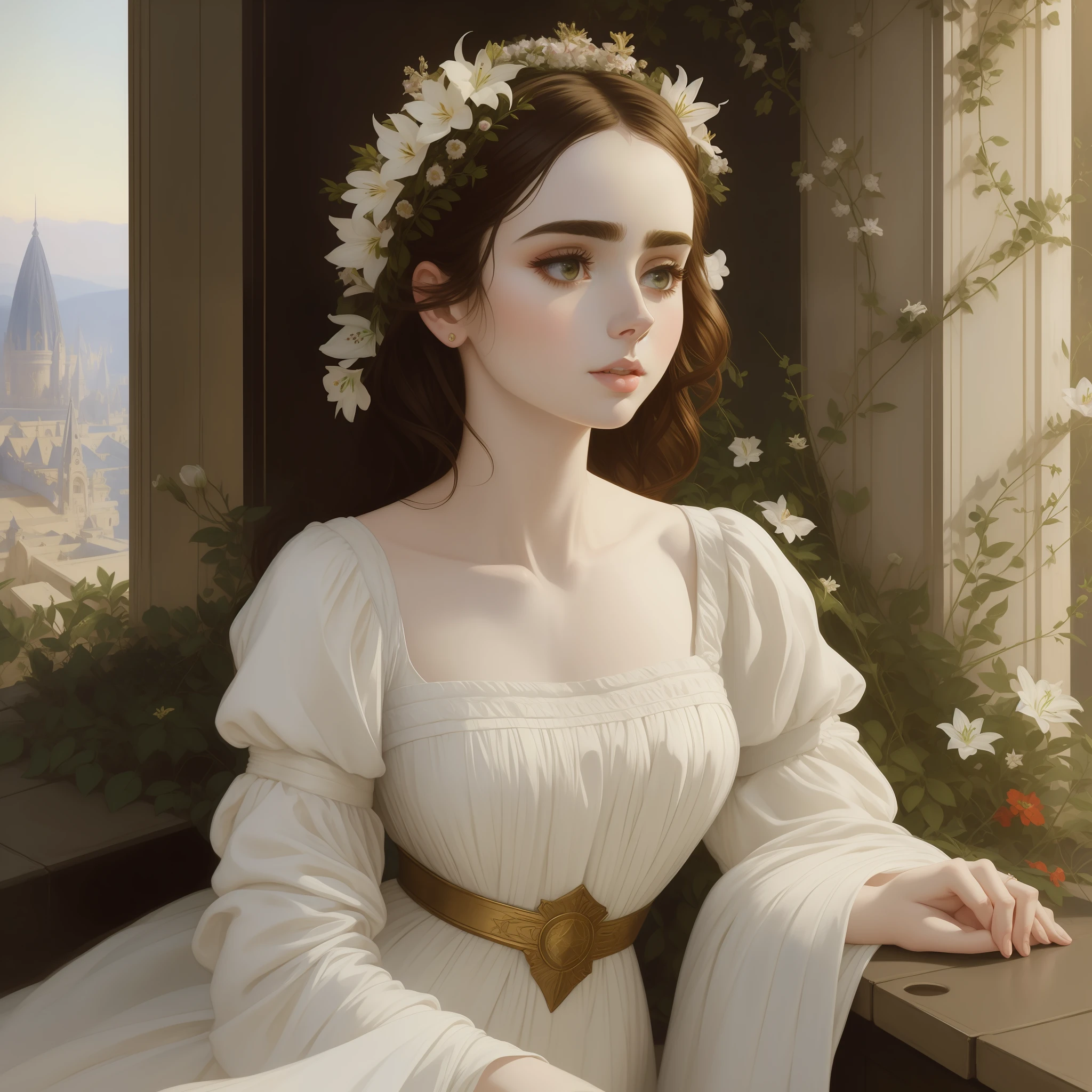 Arafed portrait of Lily Collins in a white dress sitting on a ledge, Kramskoi 4 K, Albert Lynch, Artgerm and William Bouguereau, beautiful painting, Murata range Jeremy Lipking, Charles Sillem Lidderdale, portrait Romanticism, Kramskoi, Jeremy Lipking, Herbert James Draper