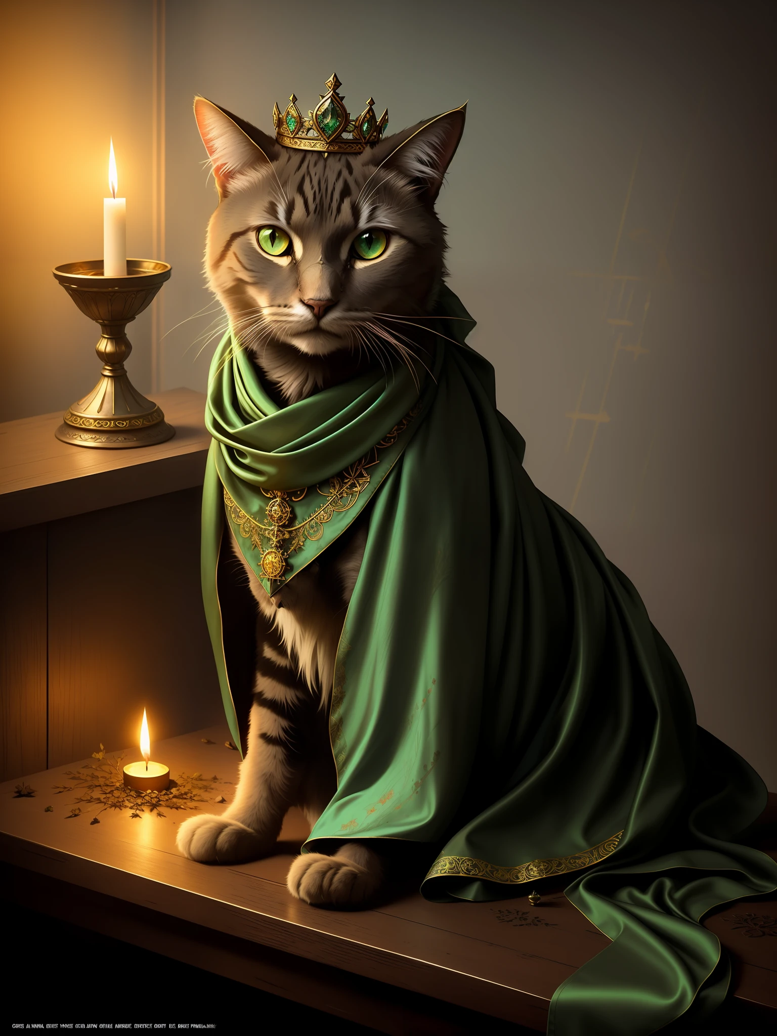 analog style, DSLR Photo (plunging view) photorealist digital painting of a elegant (dimly lit cat, adorned with a floral crown and a flowing silk scarf, with eyes as green as emeralds:1.3) sits perched on an (ancient tattered appearance and elaborate golden stem:1.3) , inlaid in gold and ruby, emerald and sapphire jewels, on a medieval oak table engraved with kabbalistic (glowing sigils), near a lit candle, jewels, magic, ominous, gorgeous , masterpiece, (insanely detailed), best quality, extremely detailed, UHD 8k, octane render, ray tracing, award winning photography, Photorealistic, stunning environment, trending on artstation, trending on CGsociety, Intricate environment, High Detail, dramatic, subdued colors, darkness, dramatic lighting, art by greg rutkowski and by moebius and by antoine mucha, analog style, (medieval:1.3), (grit:1.3), (decay:1.3),(dirt:1.3), (darkness:1.3) (neglect:1.2) RFKTR_sinetempore