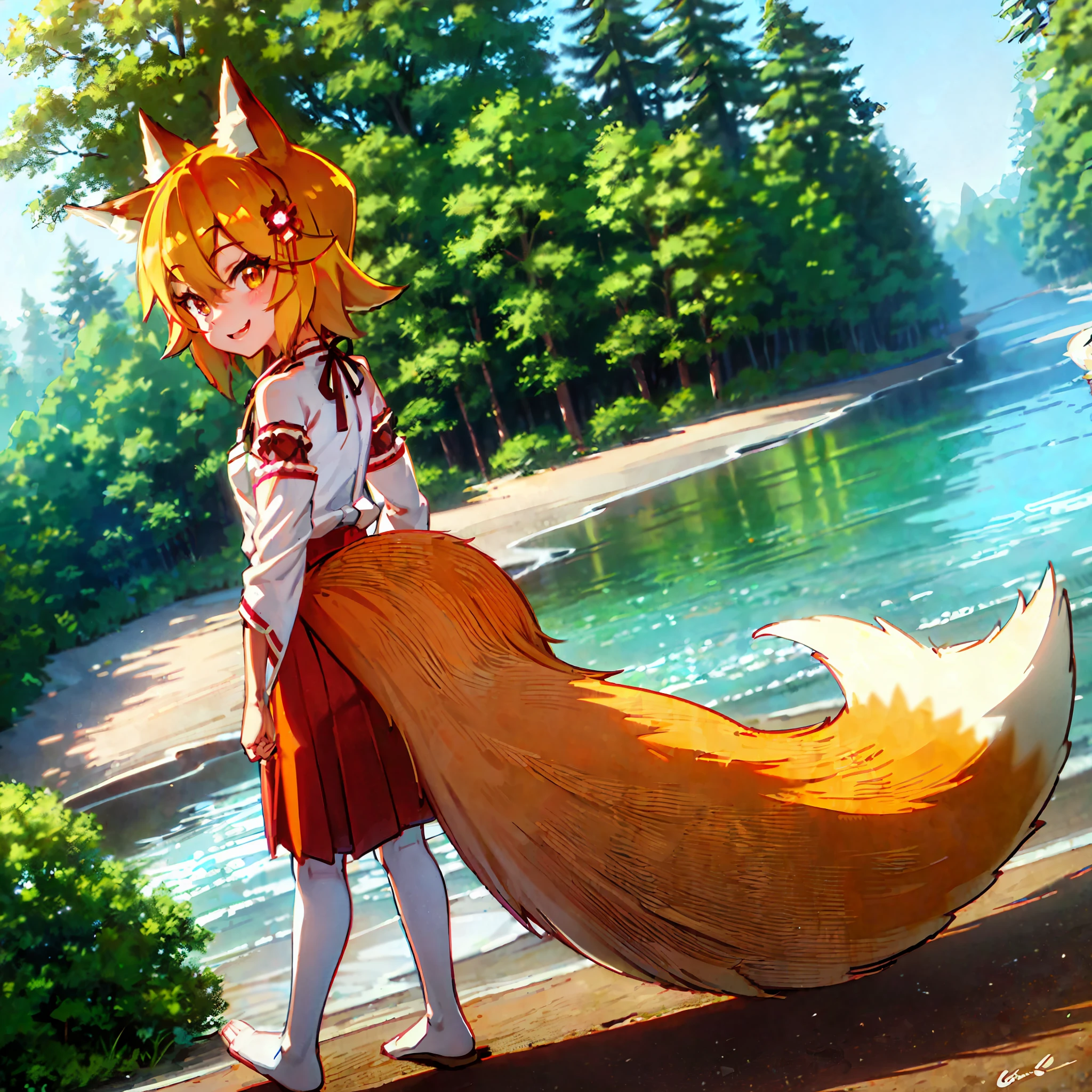 masterpiece, best quality, the helpful fox senko-san, senko-san miko, 1girl, solo, smiling, small breasts, golden fur, single golden fox tail, brown tipped ears, fox ears, kitsune, upper body pov, ((hands behind back)), festival background,