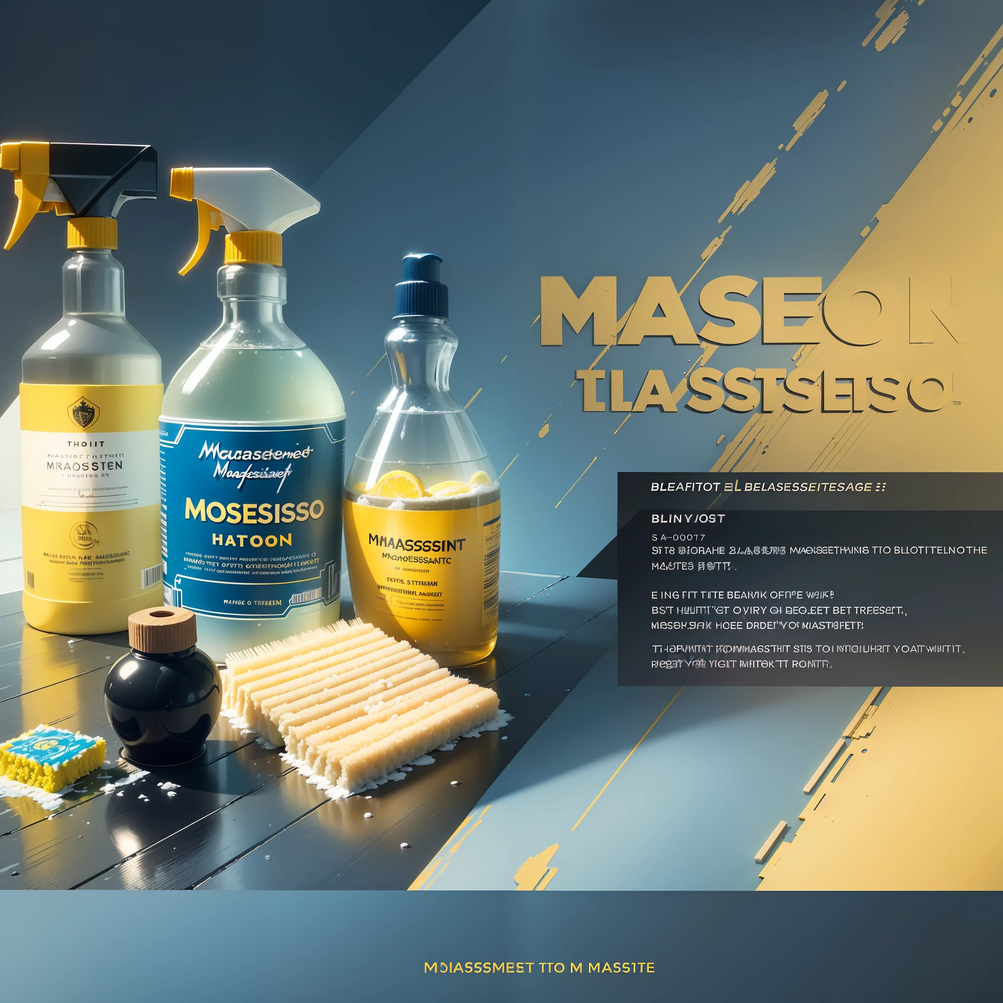 "(((masterpiece))), best quality, ultra-detailed, elegant design with dark background, clean and organized environment, highlighted text highlighting benefit or advantage of the cleaning product, palette: blue and yellow." --auto --s2