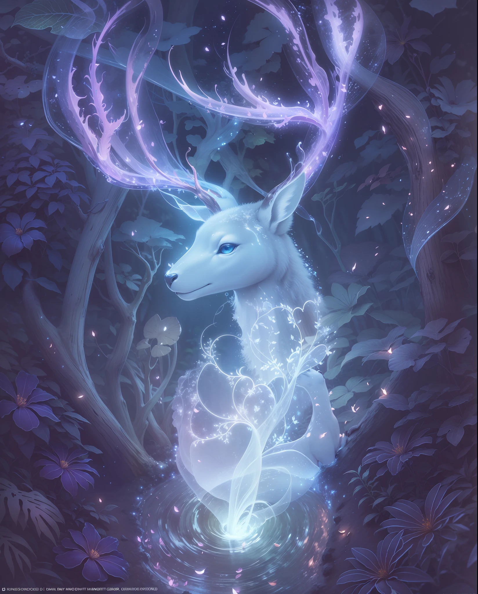 Masterpiece, best quality, (very detailed CG 8k wallpaper), (best quality), (best illustration), (best shadows), bright sprite, with a bright deer in bluish tones, light coming from the dark sky, night sky, in the pool Drinking water, natural elements in the theme of the forest . Mysterious forest, beautiful forest, nature, surrounded by flowers, delicate leaves and branches surrounded by fireflies (natural elements), (jungle theme), (leaves), (branches), (fireflies), (particle effects) etc.3D , Octane rendering, ray tracing, super detailed, high detail, Realism, depth of field, cinematic lighting, glowing light, film grain, optical illusion, fading border, viewfinder, from above, perspective, overexposure, Canon,  35mm, f/2.8, high details, super detail, highres, 8k
