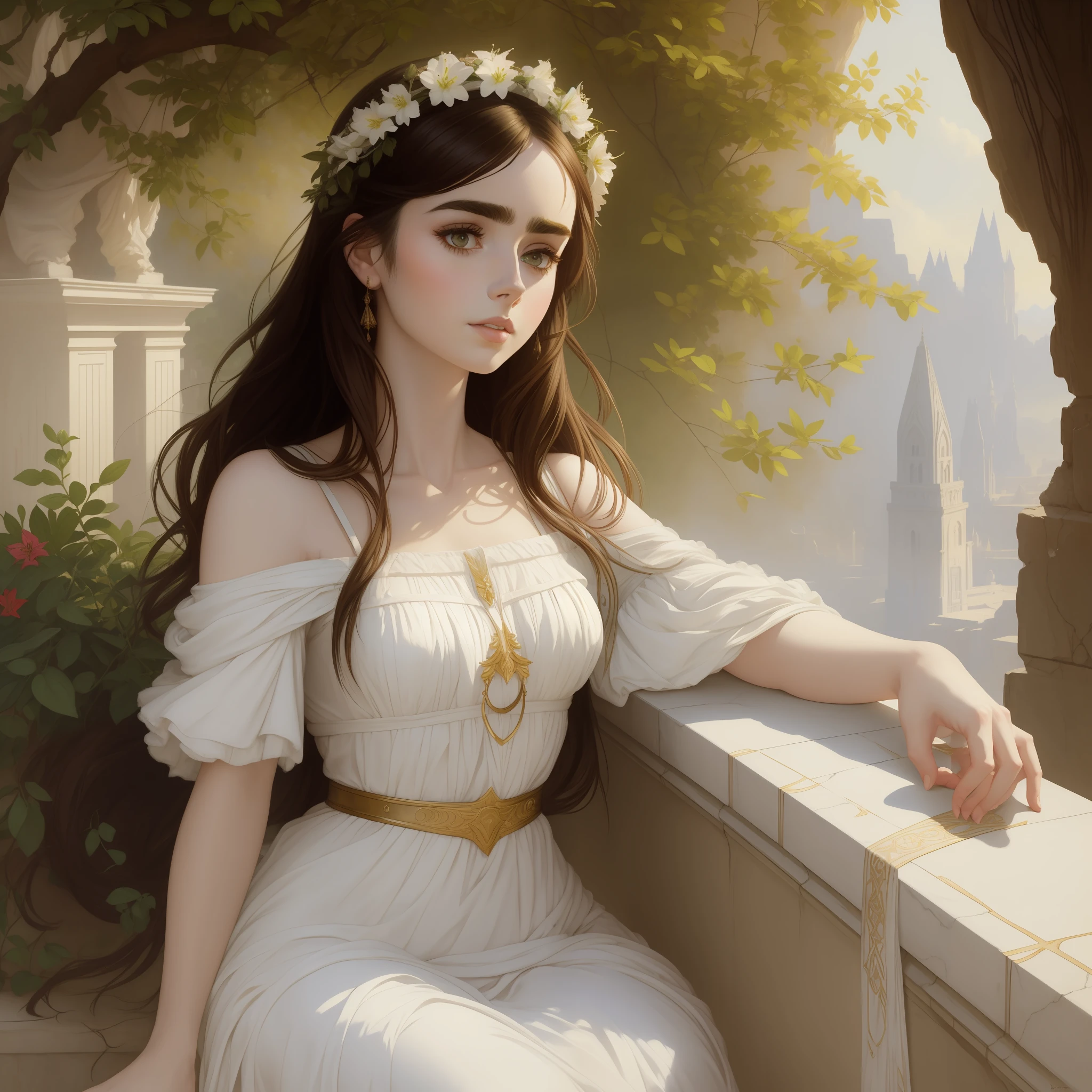 Arafed portrait of Lily Collins in a white dress sitting on a ledge, Kramskoi 4 K, Albert Lynch, Artgerm and William Bouguereau, beautiful painting, Murata range Jeremy Lipking, Charles Sillem Lidderdale, portrait Romanticism, Kramskoi, Jeremy Lipking, Herbert James Draper
