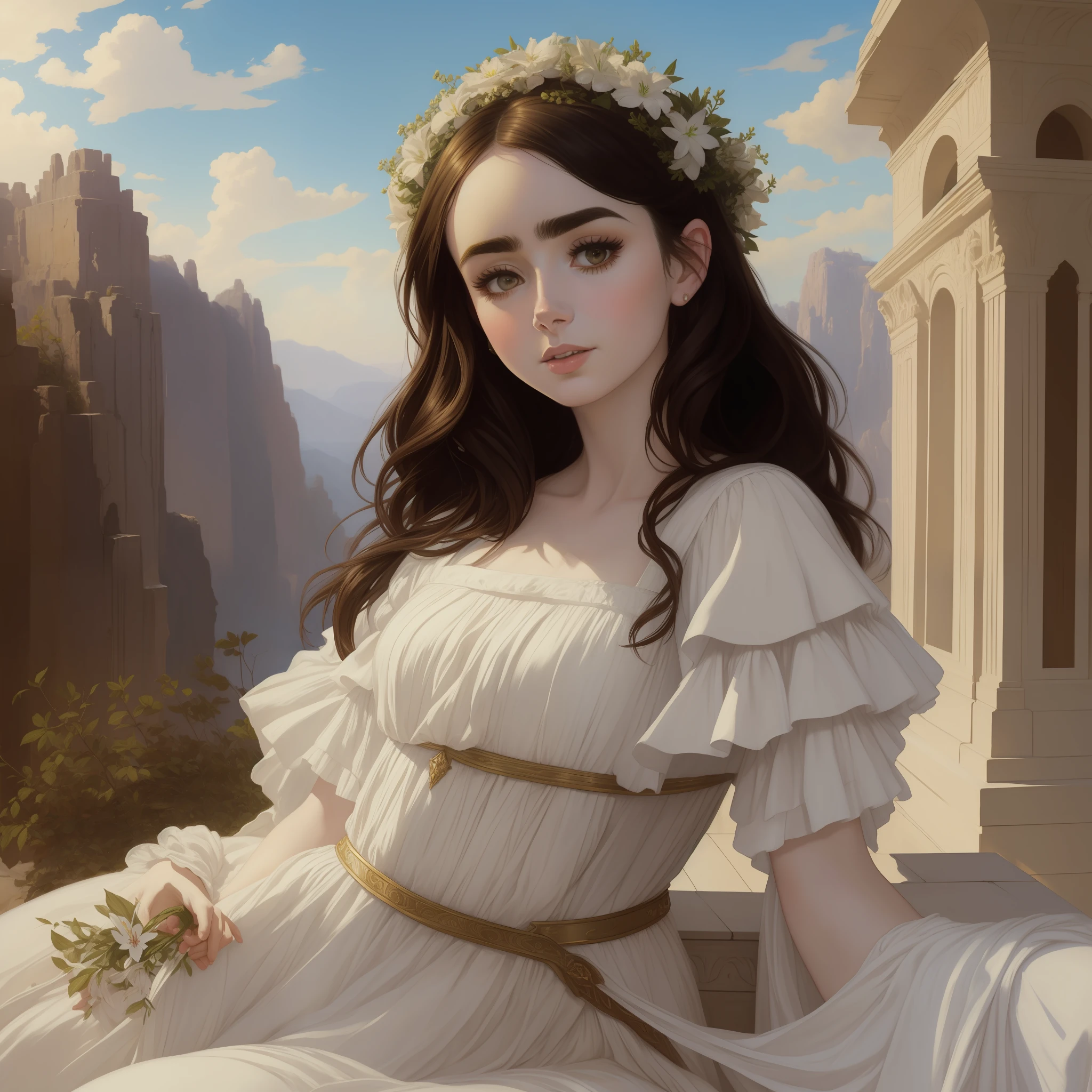 Arafed portrait of Lily Collins in a white dress sitting on a ledge, Kramskoi 4 K, Albert Lynch, Artgerm and William Bouguereau, beautiful painting, Murata range Jeremy Lipking, Charles Sillem Lidderdale, portrait Romanticism, Kramskoi, Jeremy Lipking, Herbert James Draper