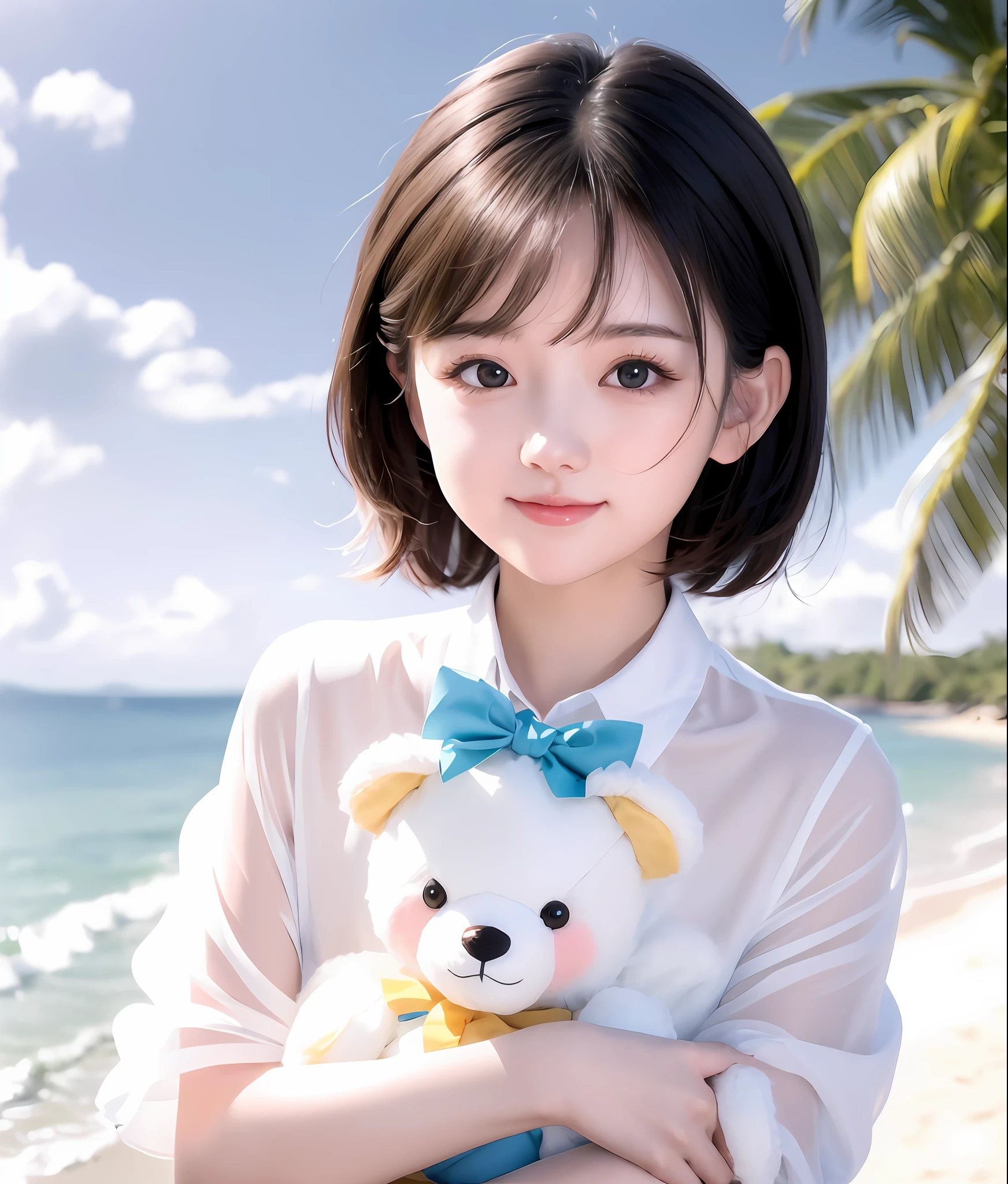 there is a woman holding a teddy bear on the beach, kawaii realistic portrait, cute anime girl, anime visual of a cute girl, smooth anime cg art, artwork in the style of guweiz, portrait of cute anime girl, cute portrait, beautiful anime portrait, beautiful anime girl, cute anime girl portrait, realistic anime 3 d style