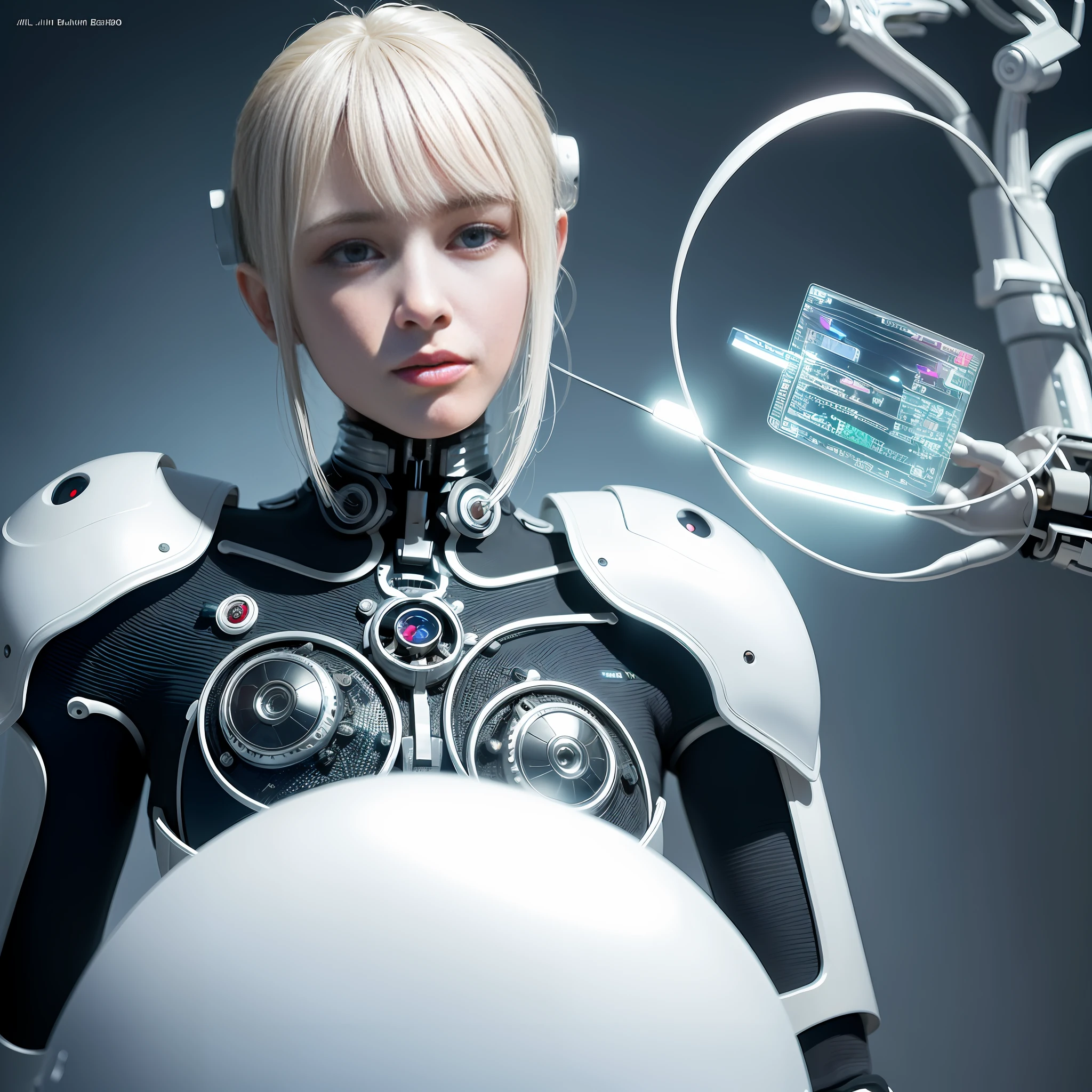Complex 3d rendering ultra detailed beautiful porcelain profile female android face, cyborg, robot parts, 150mm, vivid detail, cyberpunk, lace, surreal, anatomical, facial muscles, cable wire, microchip, analog meter, LED light, elegant, metaverse, beautiful background, octane rendering, dynamic angle, dynamic pose, 8k, best quality, masterpiece, illustration, very delicate and beautiful, highly detailed, cg, uniform, wallpaper, ( realistic, photorealistic: 1.37), fantastic, elaborate, masterpiece, best quality, official art, highly detailed cg unity 8k wallpaper, absurd, incredibly absurd, robot, silver halmet, full-body, sit