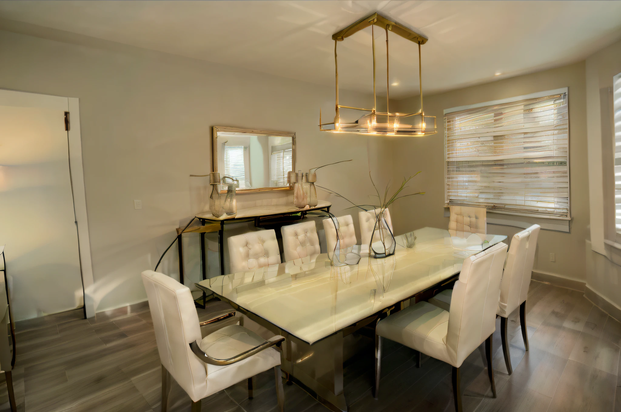 dvArchInteriormodern dining room, dining table with 8 chairs, modern ambience, cozy lighting
