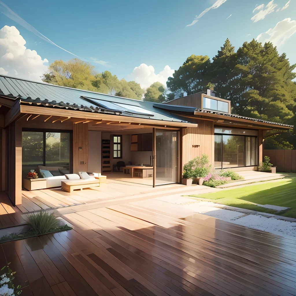 Beautiful modern country house, all wood and glass, wide doors, very bright, beautiful roof wonderfully designed to make good use of the sunlight, beautiful flowered garden around. --auto --s2