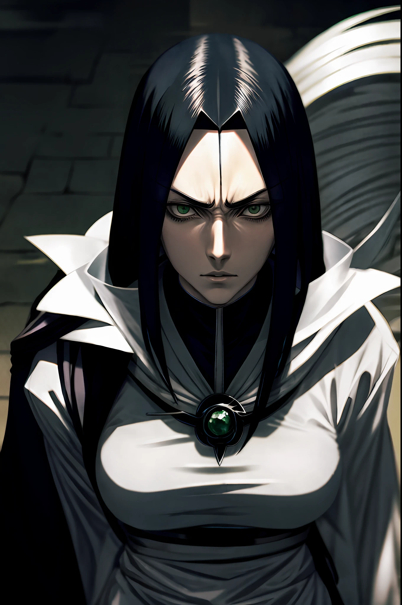 Unohana of Bleach, realistic style, green eyes, sloppy clothes, gothic, biker, sharp look