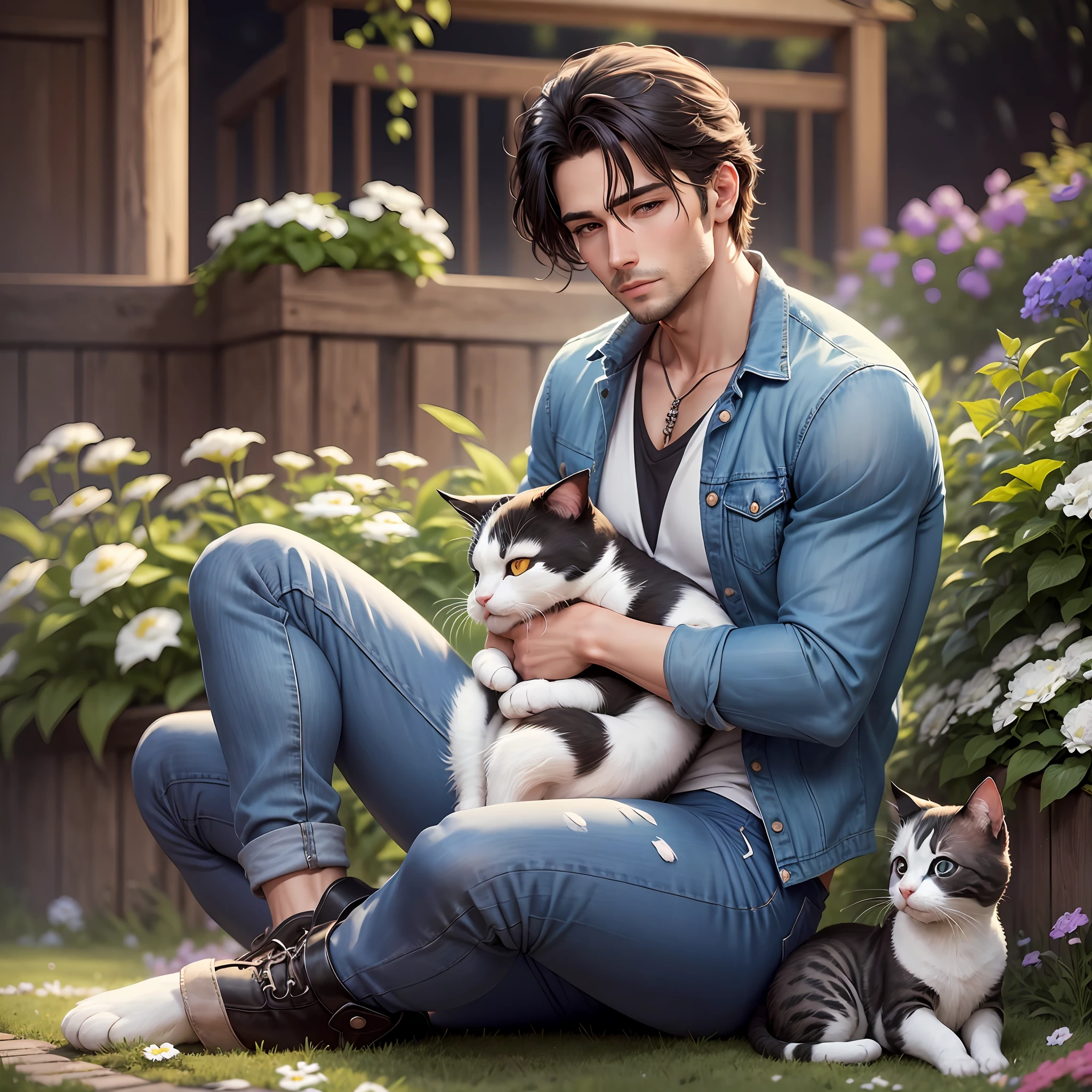 A handsome man dressed in tight jeans is sitting in a beautifully flowered garden at night. He is gently stroking a cute black and white baby cat. Realistic style. 8k. --auto --s2