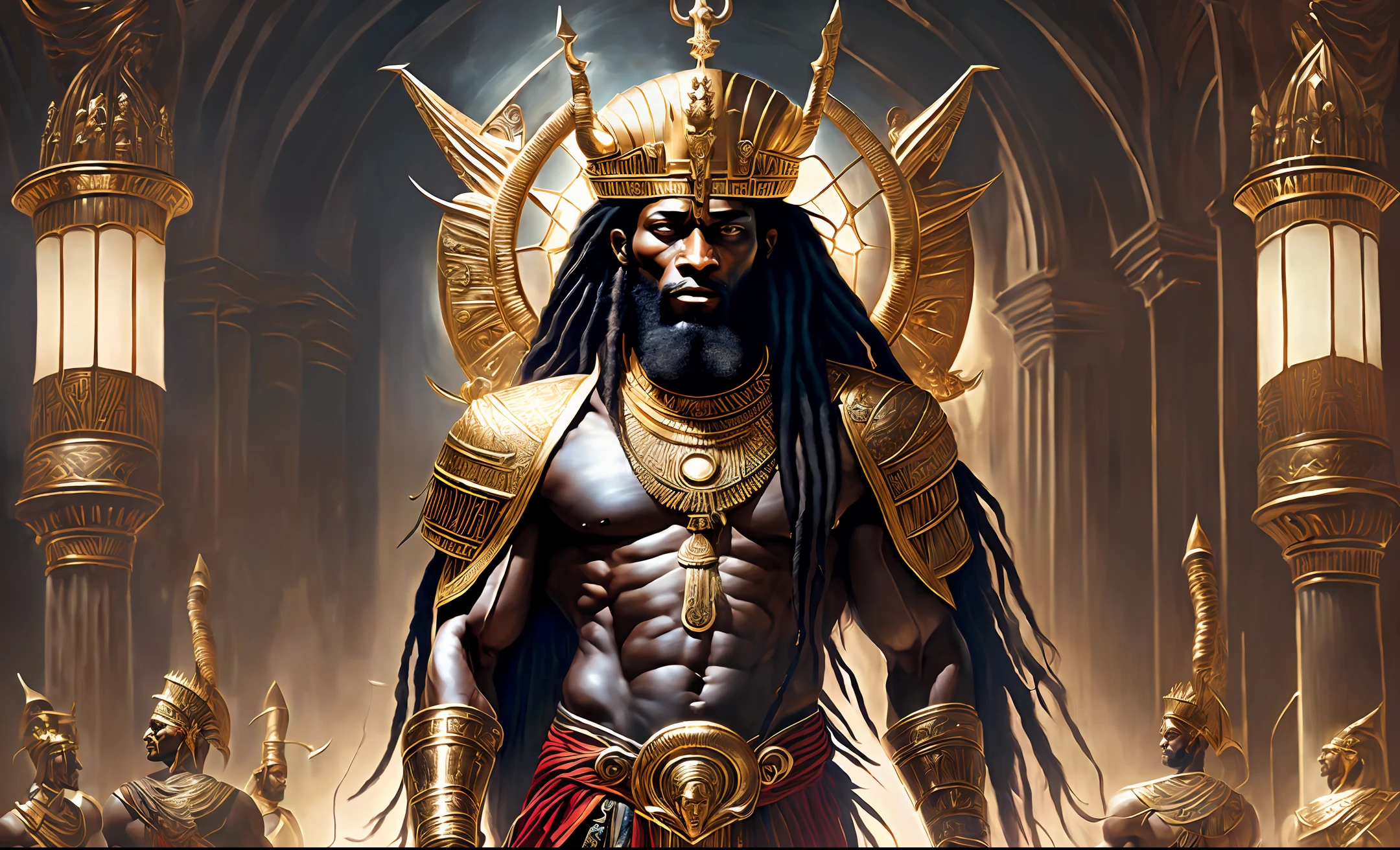 Highly (dynamic:1.2) detailed scene art (rutkowski:1.2), ((pharaoh crown of rams II)), beautiful, (brown black), ((long dreadlocks)) ((muscular)), (fantastic amazing decoration:1.2), explosive volumetry, delightful anatomy, (fantastic god perfect art, 64k ultra hd:1.1), (art by apterus, art by dan mumford:1.2), ultra realistic, serious. --auto --s2