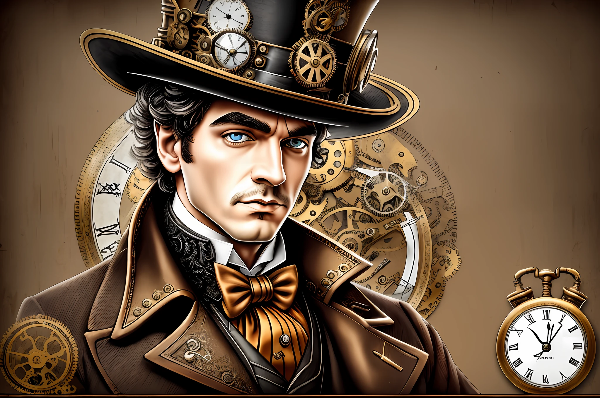 there is a man with a top hat and a clock on his head, steampunk male portrait, the guy from a clockwork orange, alex from a clockwork orange, clockwork orange, movie clockwerk orange, a clockwork orange, wearing steampunk top hat, clockwork steampunk, steampunk digital art, steampunk fiction, clockwork, steampunk engineer, steampunk era, steampunk! fiction, steampunc, steampunk --auto --s2