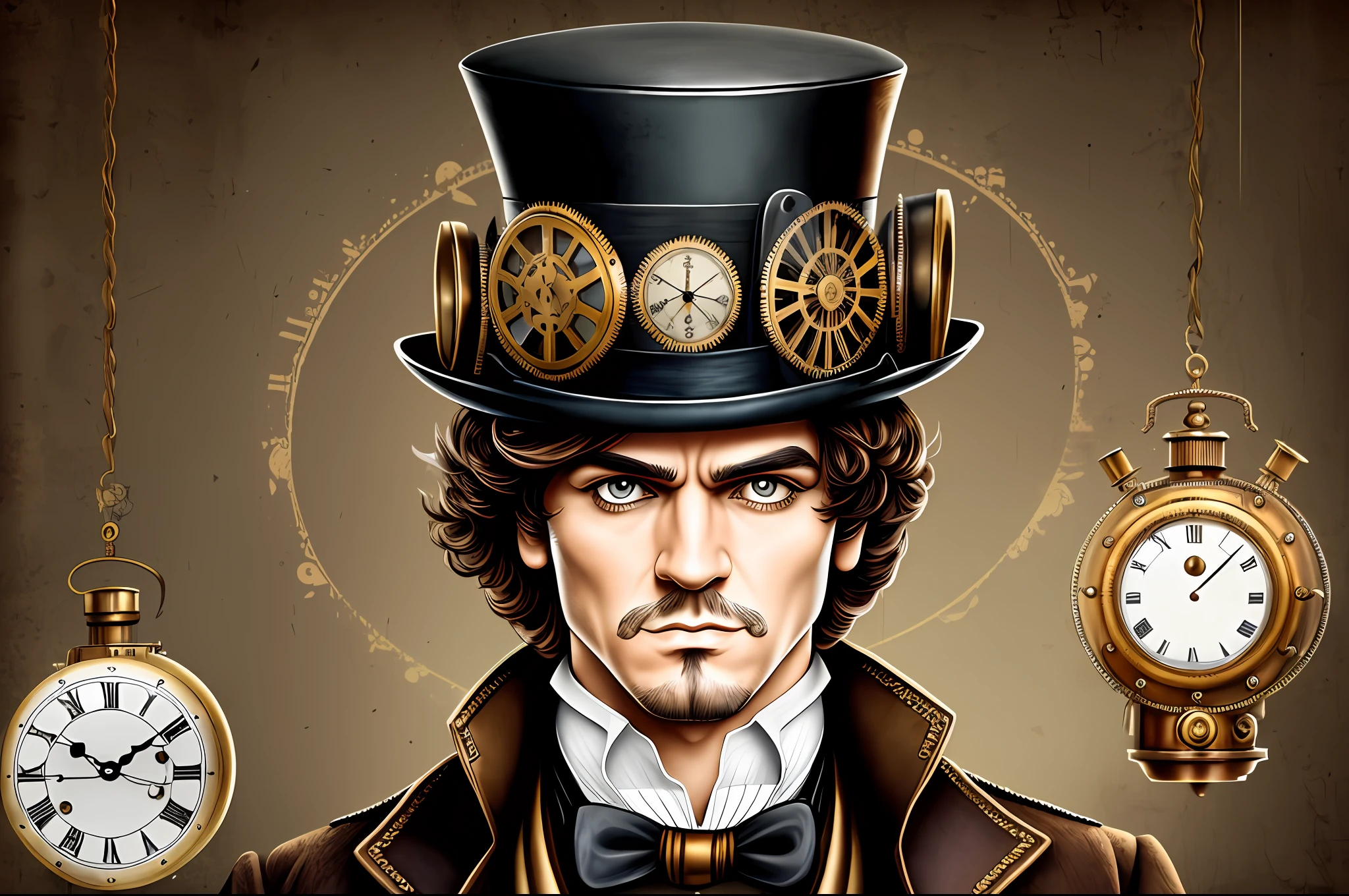 there is a man with a top hat and a clock on his head, steampunk male portrait, the guy from a clockwork orange, alex from a clockwork orange, clockwork orange, movie clockwerk orange, a clockwork orange, wearing steampunk top hat, clockwork steampunk, steampunk digital art, steampunk fiction, clockwork, steampunk engineer, steampunk era, steampunk! fiction, steampunc, steampunk --auto --s2