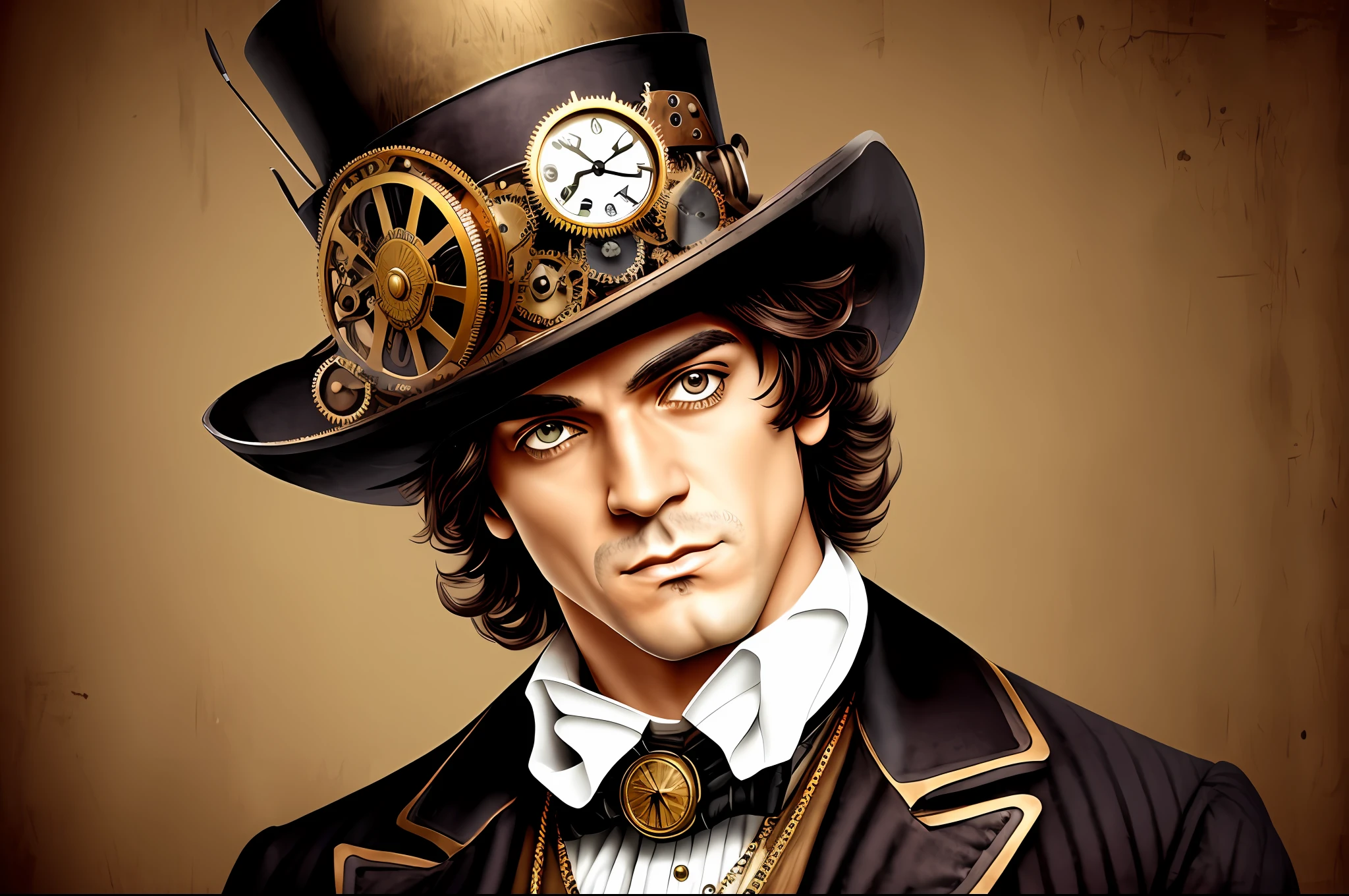 there is a man with a top hat and a clock on his head, steampunk male portrait, the guy from a clockwork orange, alex from a clockwork orange, clockwork orange, movie clockwerk orange, a clockwork orange, wearing steampunk top hat, clockwork steampunk, steampunk digital art, steampunk fiction, clockwork, steampunk engineer, steampunk era, steampunk! fiction, steampunc, steampunk --auto --s2