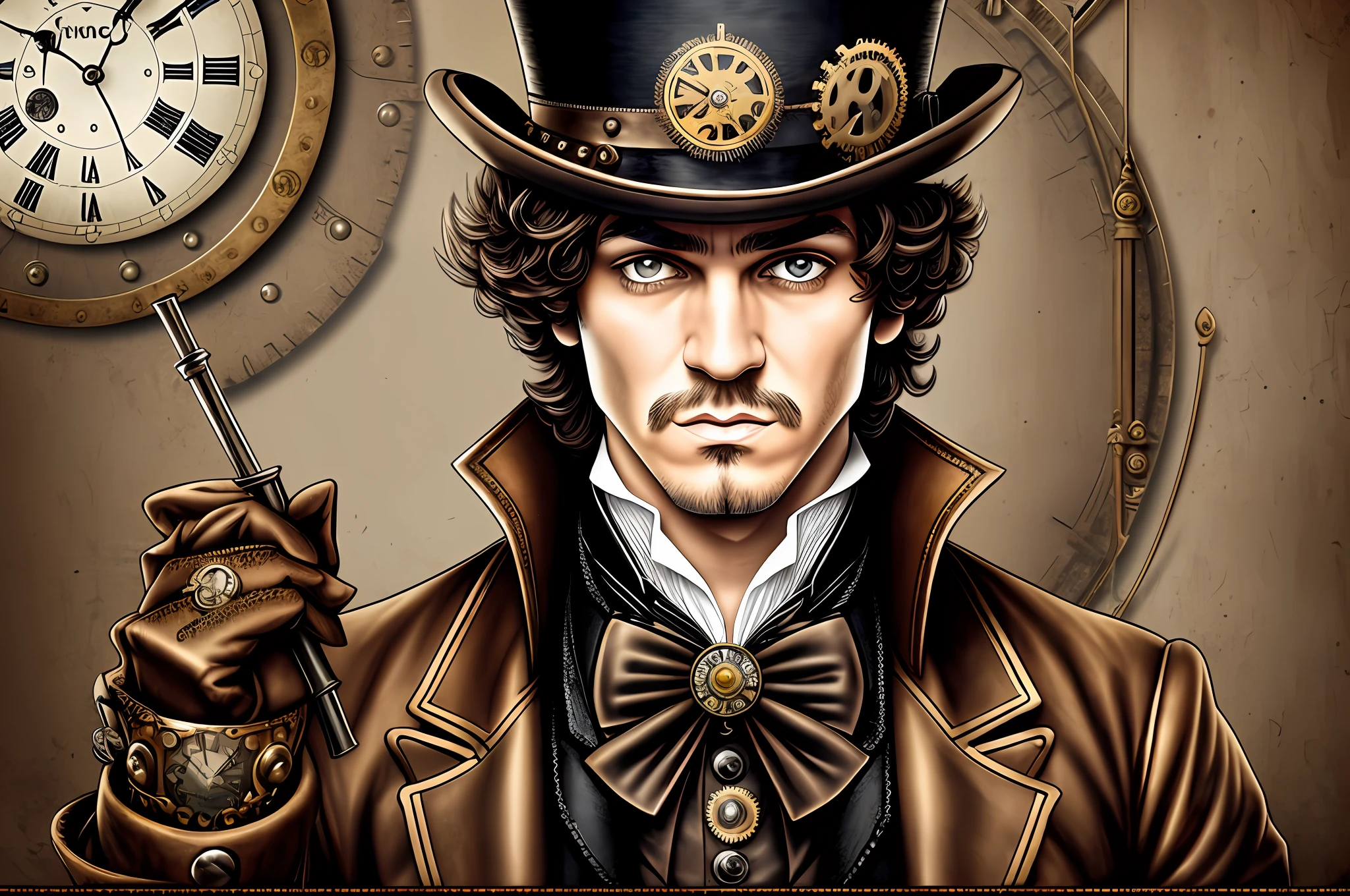 there is a man with a top hat and a clock on his head, steampunk male portrait, the guy from a clockwork orange, alex from a clockwork orange, clockwork orange, movie clockwerk orange, a clockwork orange, wearing steampunk top hat, clockwork steampunk, steampunk digital art, steampunk fiction, clockwork, steampunk engineer, steampunk era, steampunk! fiction, steampunc, steampunk --auto --s2