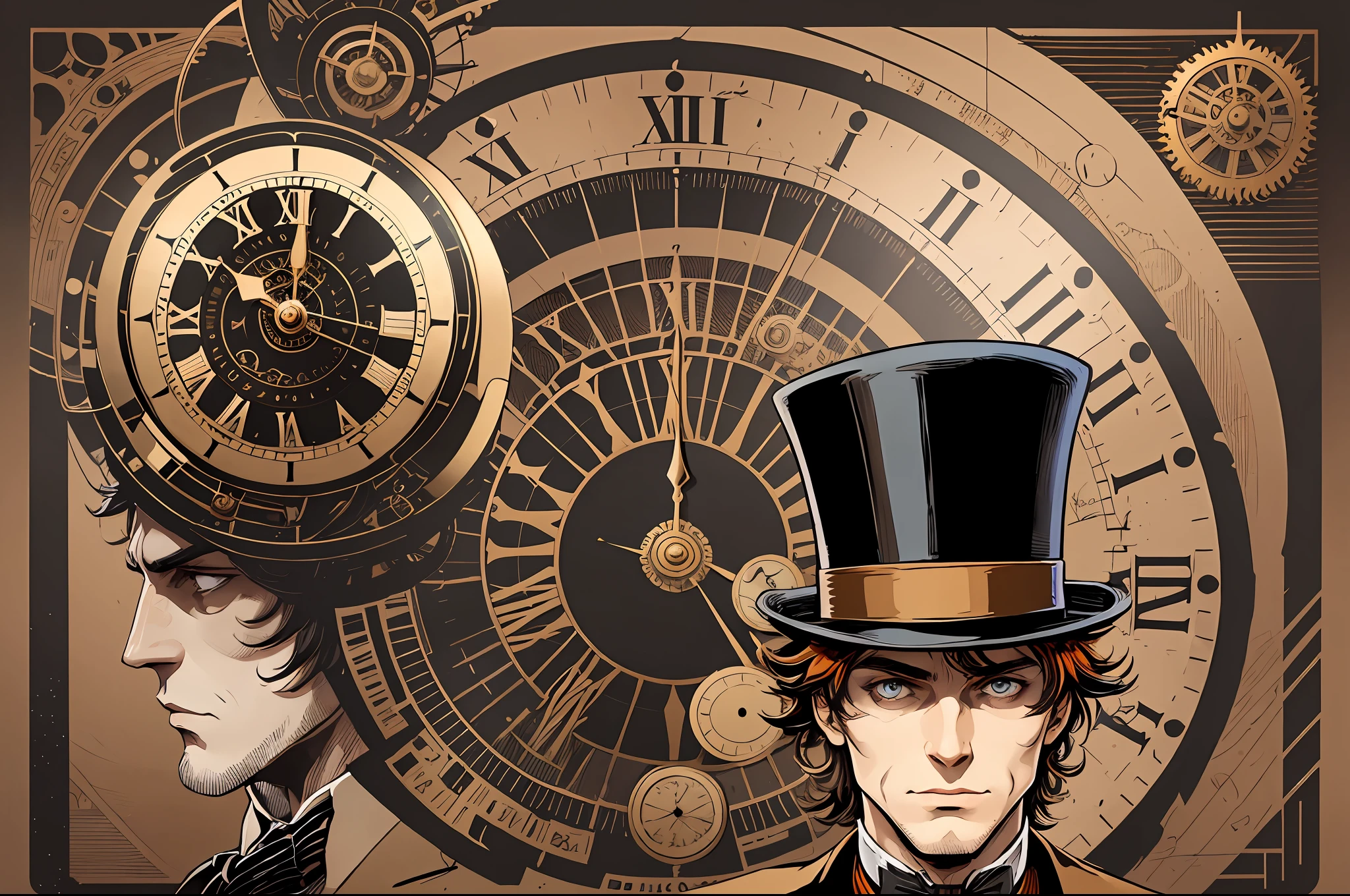 there is a man with a top hat and a clock on his head, vector art inspired by Otto Eckmann, flickr, digital art, steampunk male portrait, the guy from a clockwork orange, alex from a clockwork orange, clockwork orange, movie clockwerk orange, a clockwork orange, wearing steampunk top hat, clockwork steampunk, steampunk digital art, steampunk fiction, clockwork --ar 3:2 --auto --s2